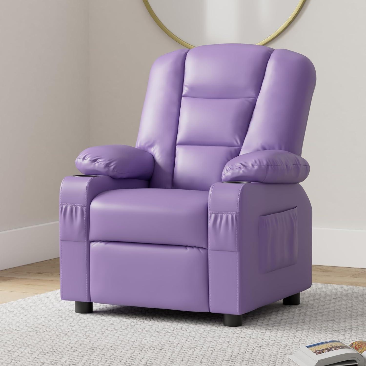 MCombo Big Kids Recliner Chair with Cup Holders for Toddler Boys and Girls, 2 Side Pockets, 3+ Age Group, Faux Leather 7322 Violet