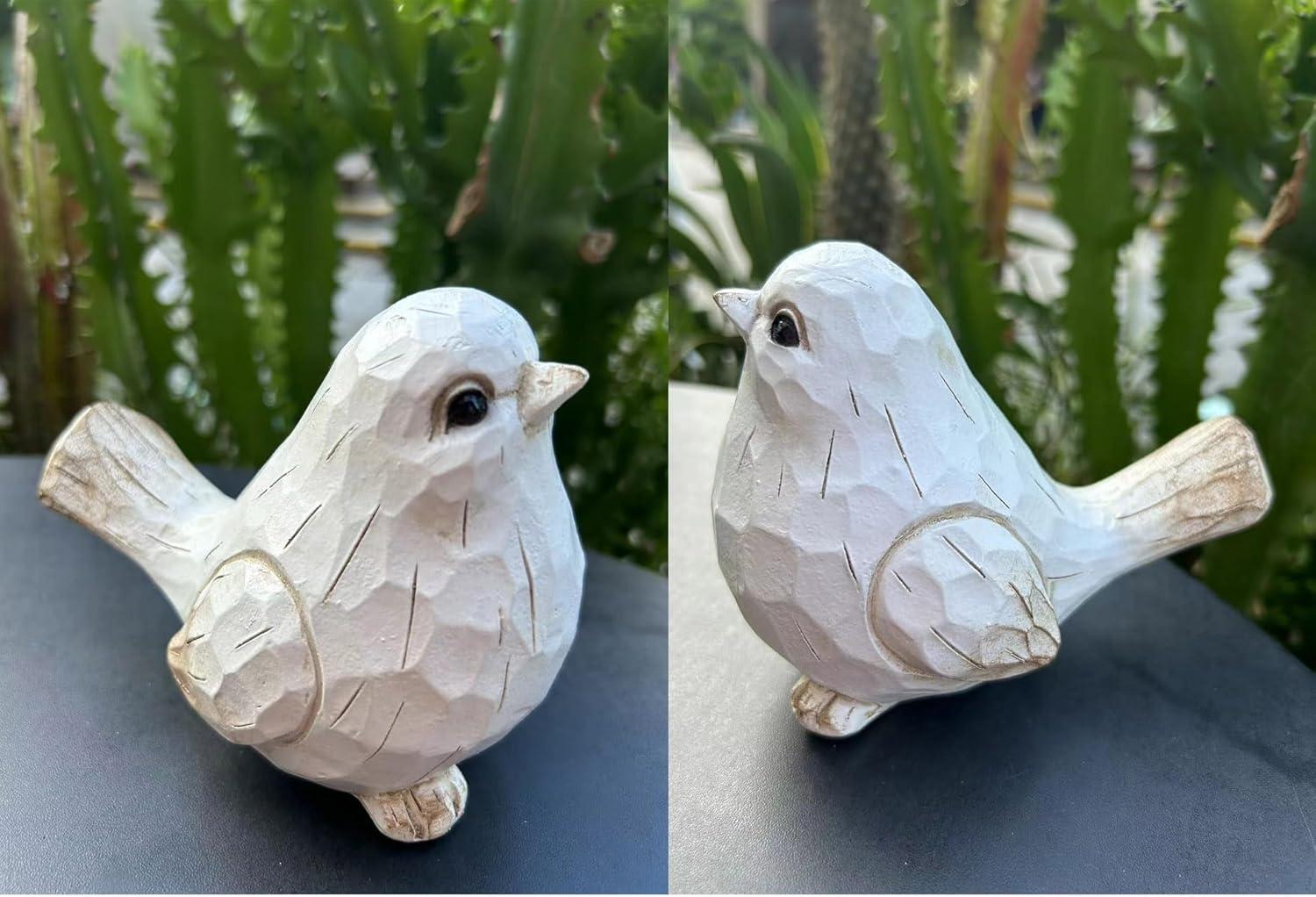 Farmhouse Bird Decor Resin Bird Figurines - Set of 2, Vintage & Modern Bird Decor Statue for Home Decor Accents, Cottage Bird Ornaments Decoration New White Carved Rustic Bird Figurine