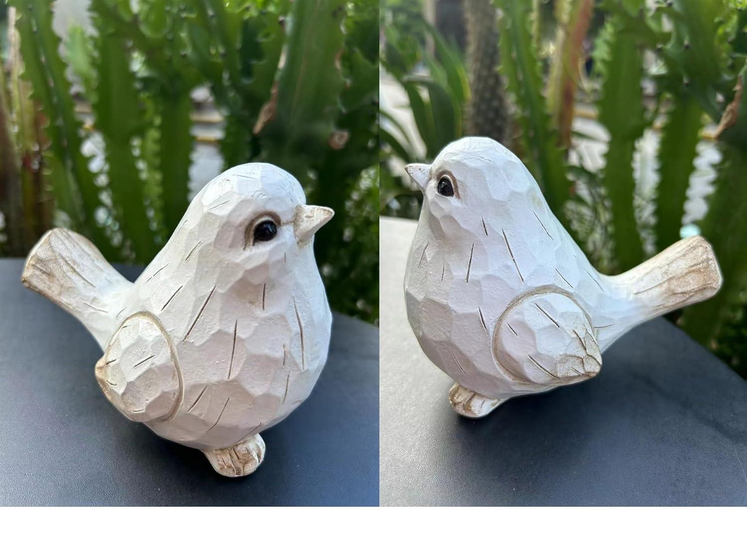 Farmhouse Bird Decor Resin Bird Figurines - Set of 2, Vintage & Modern Bird Decor Statue for Home Decor Accents, Cottage Bird Ornaments Decoration New White Carved Rustic Bird Figurine