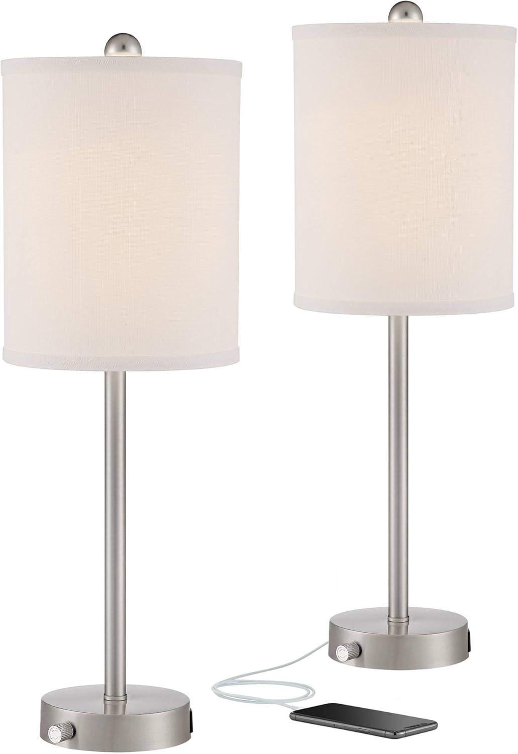 360 Lighting Trotter Modern Table Lamps 23 3/4" High Set of 2 Brushed Nickel with USB and AC Power Outlet in Base White Fabric Cylinder for Home Desk