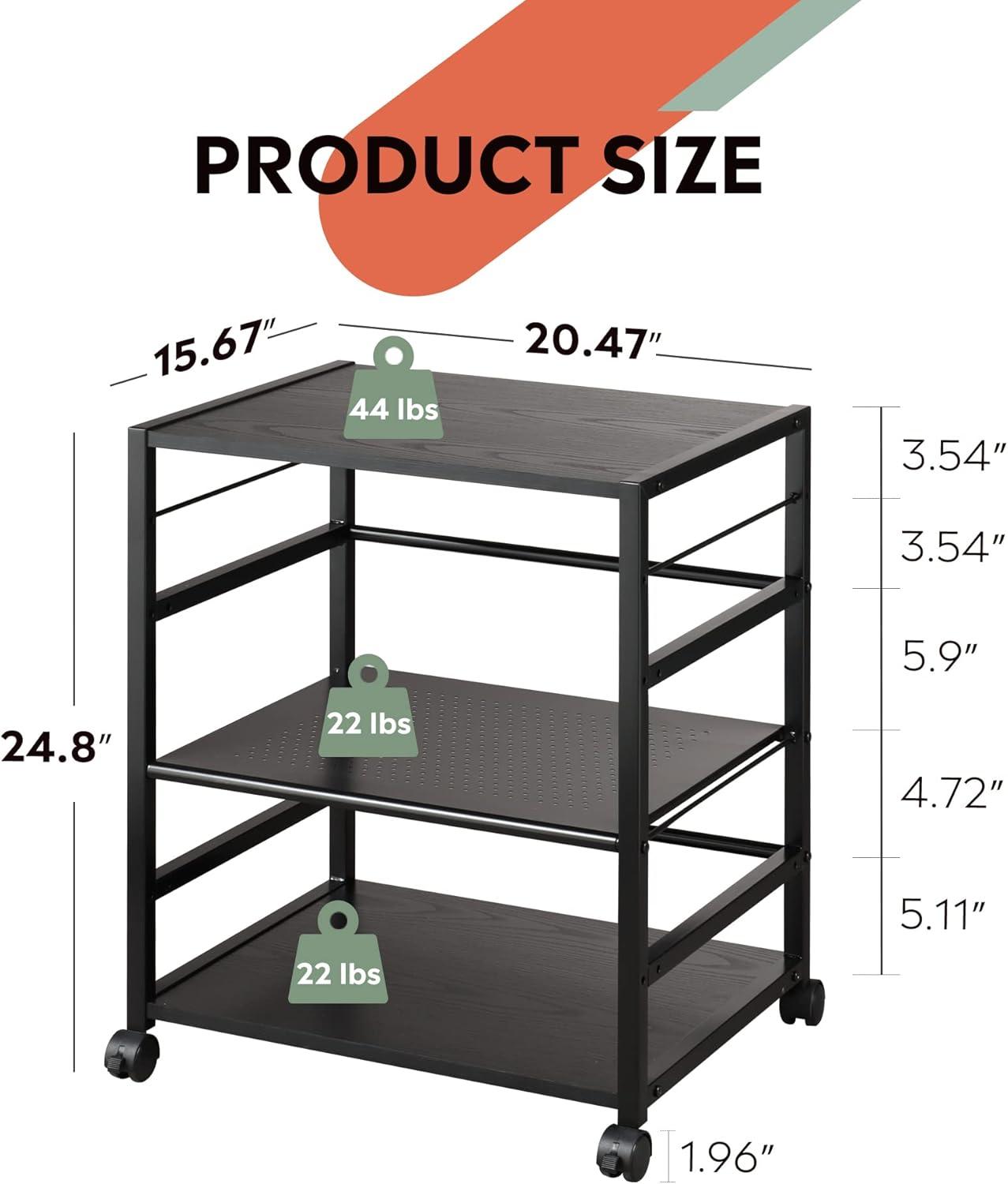 Black Adjustable 3-Shelf Mobile Printer Stand with Wheels