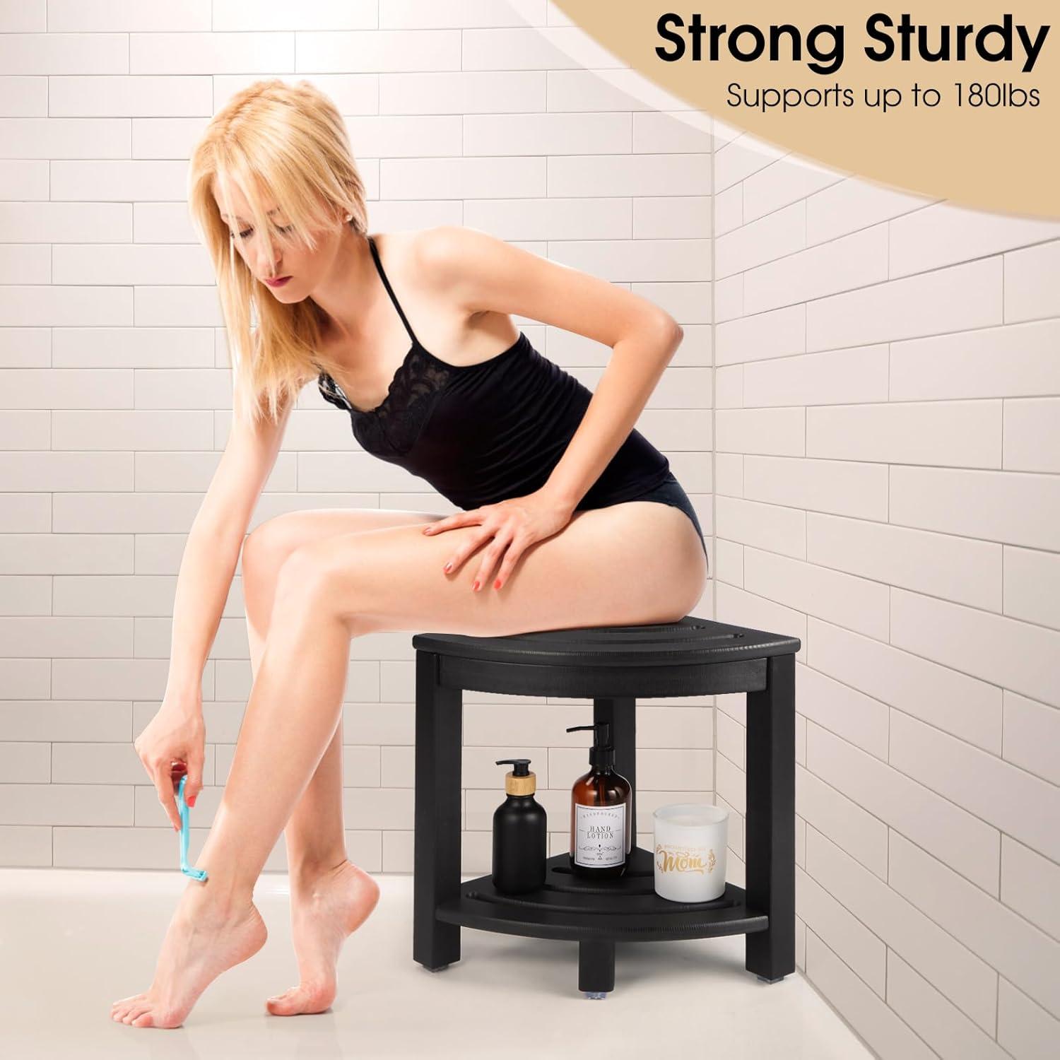 HDPE Corner Shower Stool,Shower Bench Seat with Storage Shelf for Shaving Legs Plastic Spa Bath Step Foot Rest for Bathroom Small Place (Black)