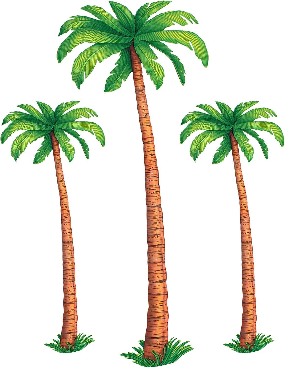 Beistle 3 Count Jointed Palm Tree Decorations, Cardstock Paper Cut Outs, Luau Beach Theme, Tropical Hawaiian Party Décor, 2-4’ & 1-6’
