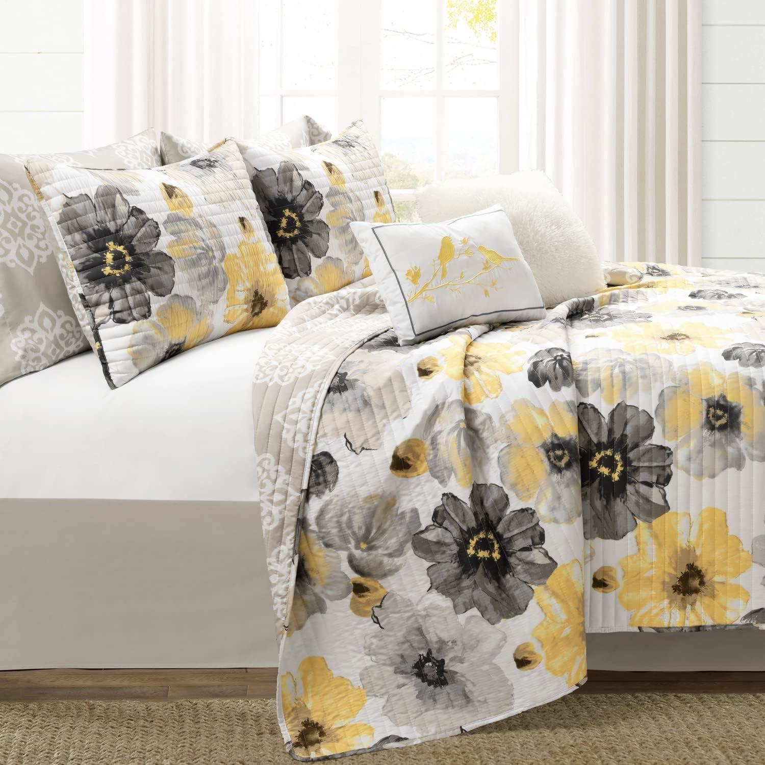 8pc Queen Leah Soft Reversible Oversized Quilt Set Yellow/Gray - Lush Décor