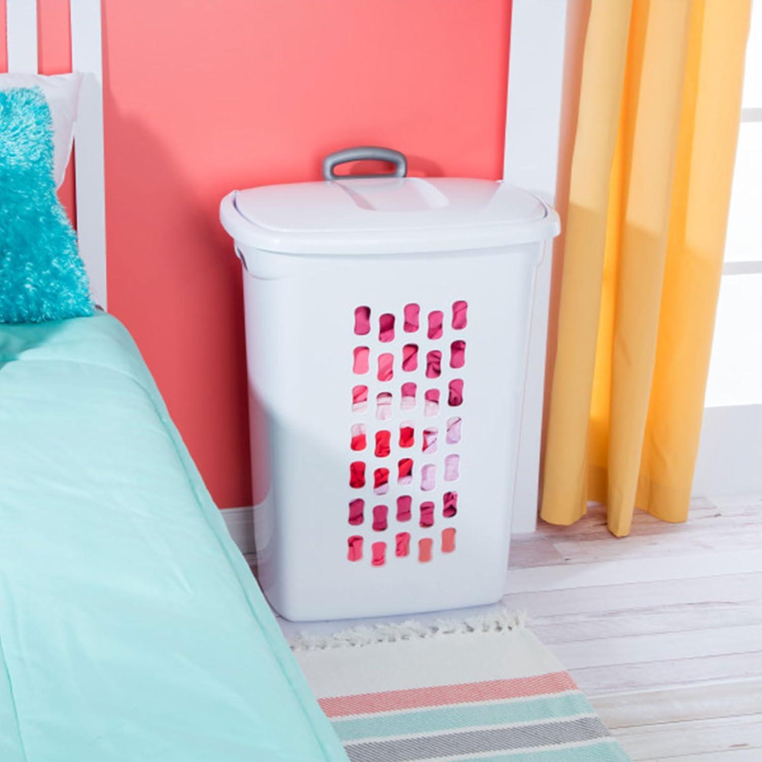 White Plastic Wheeled Laundry Hamper with Lid