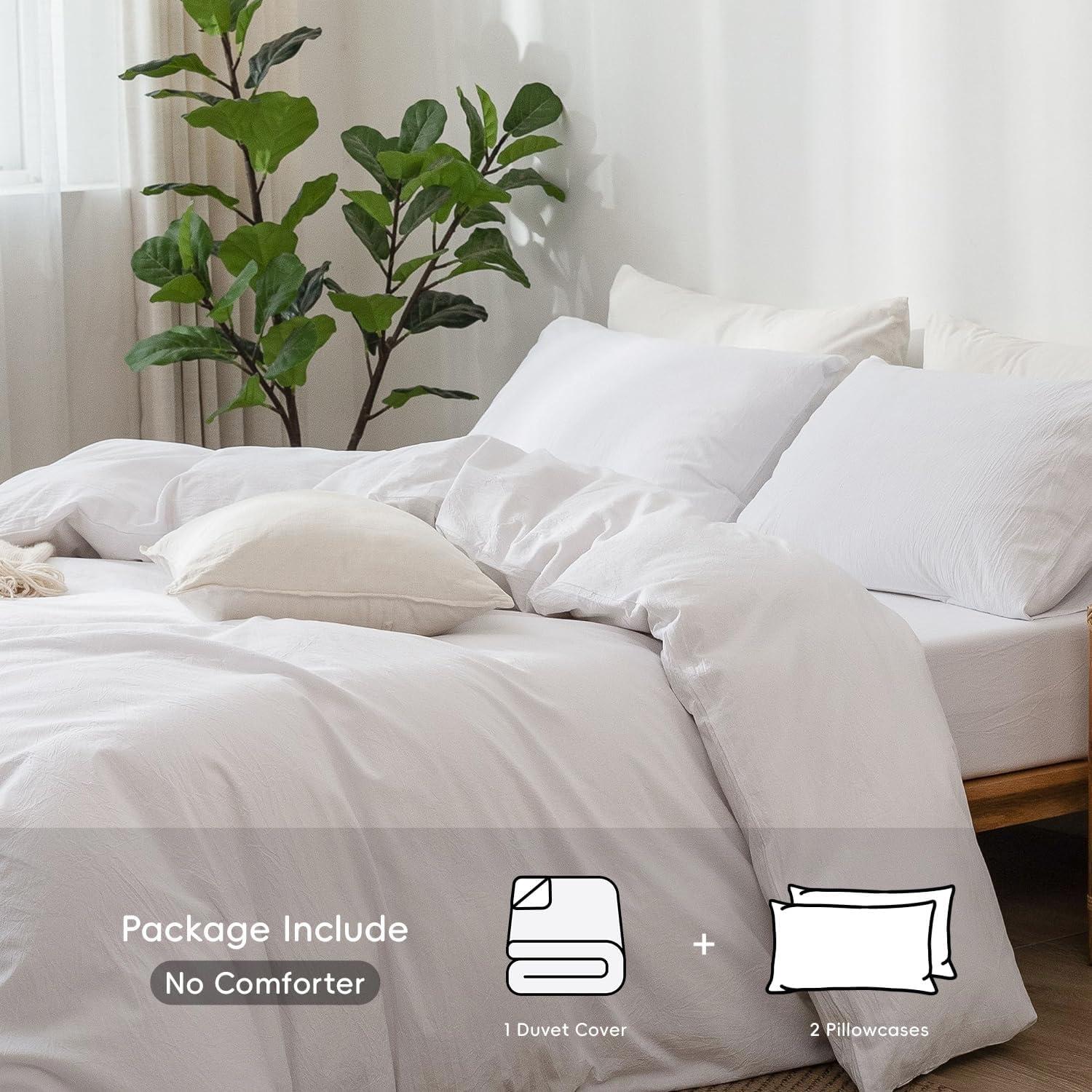 QUALITY FLOORING INC. Bedding Duvet Cover Set 100% Washed Cotton Linen Like Textured Breathable Durable Soft Comfy (Off White, King)