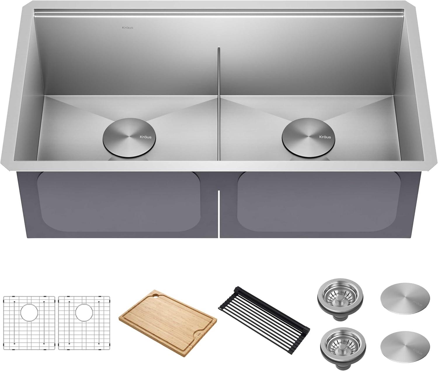 KRAUS Kore™ Workstation 33-inch L Undermount 16 Gauge Double Bowl Stainless Steel Kitchen Sink with Accessories