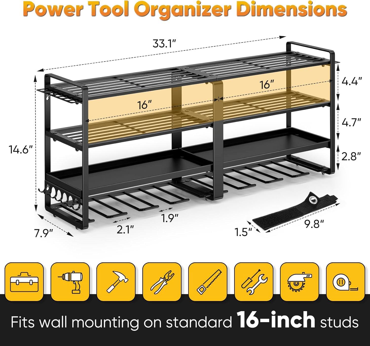 Heavy Duty Black Steel Wall Mounted Tool Organizer with 4 Shelves