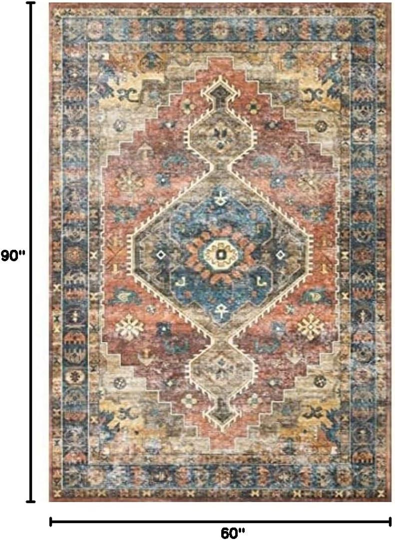 Blue and Rust Rectangular Synthetic 5' x 7' Area Rug