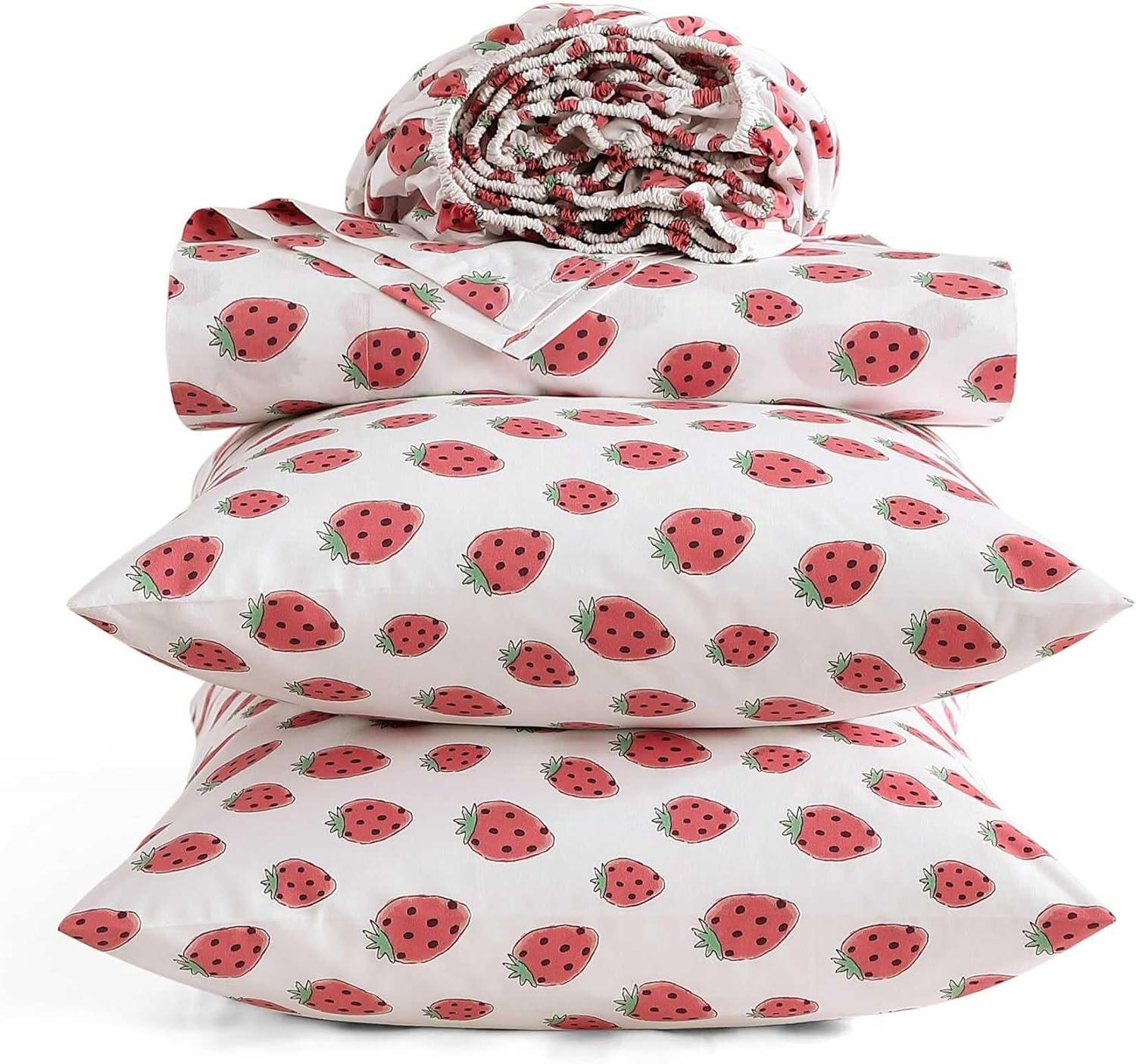 Poppy & Fritz - Full Sheets, Luxurious Cotton Percale Bedding Set, Crisp & Cool, Super Soft Bed Essentials (Strawberry Picnic Pink, Full)