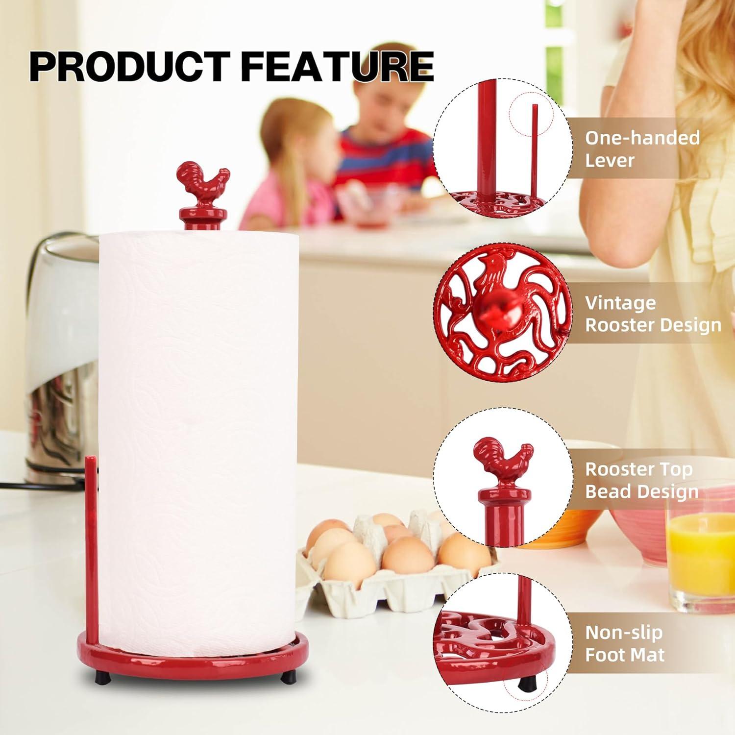 Vintage Paper Towel Holder Countertop - Cast Iron Standing Roll Paper Towel Dispenser with Elegant and Heavy Daffodil Pattern Base for Kitchen Décor, Red