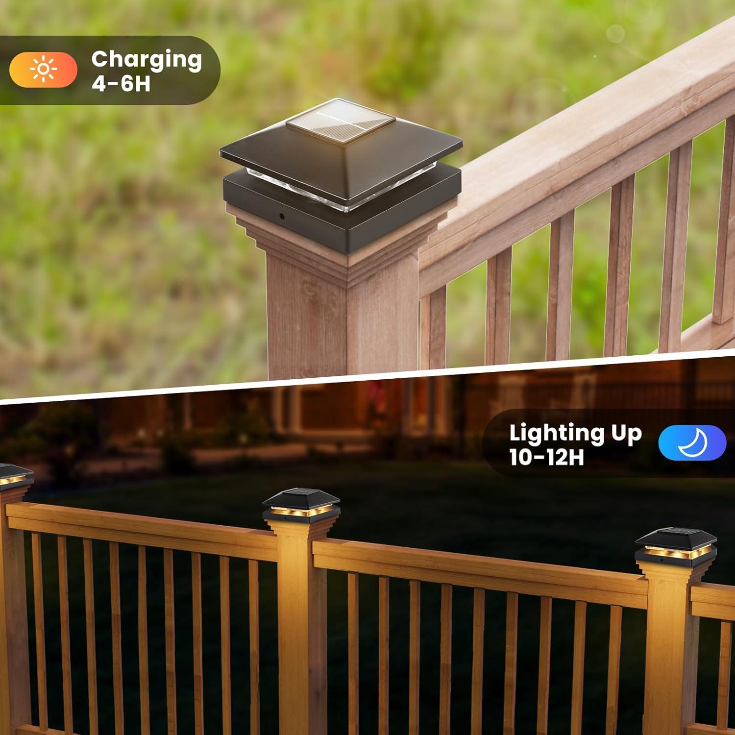 Solar Post Cap Lights: 6 - Pack Outdoor Post Light for White/Black 4x4 Vinyl Fence Deck - Dock 4x4/6x6 Wooden Post 2 Color Modes Waterproof Warm White