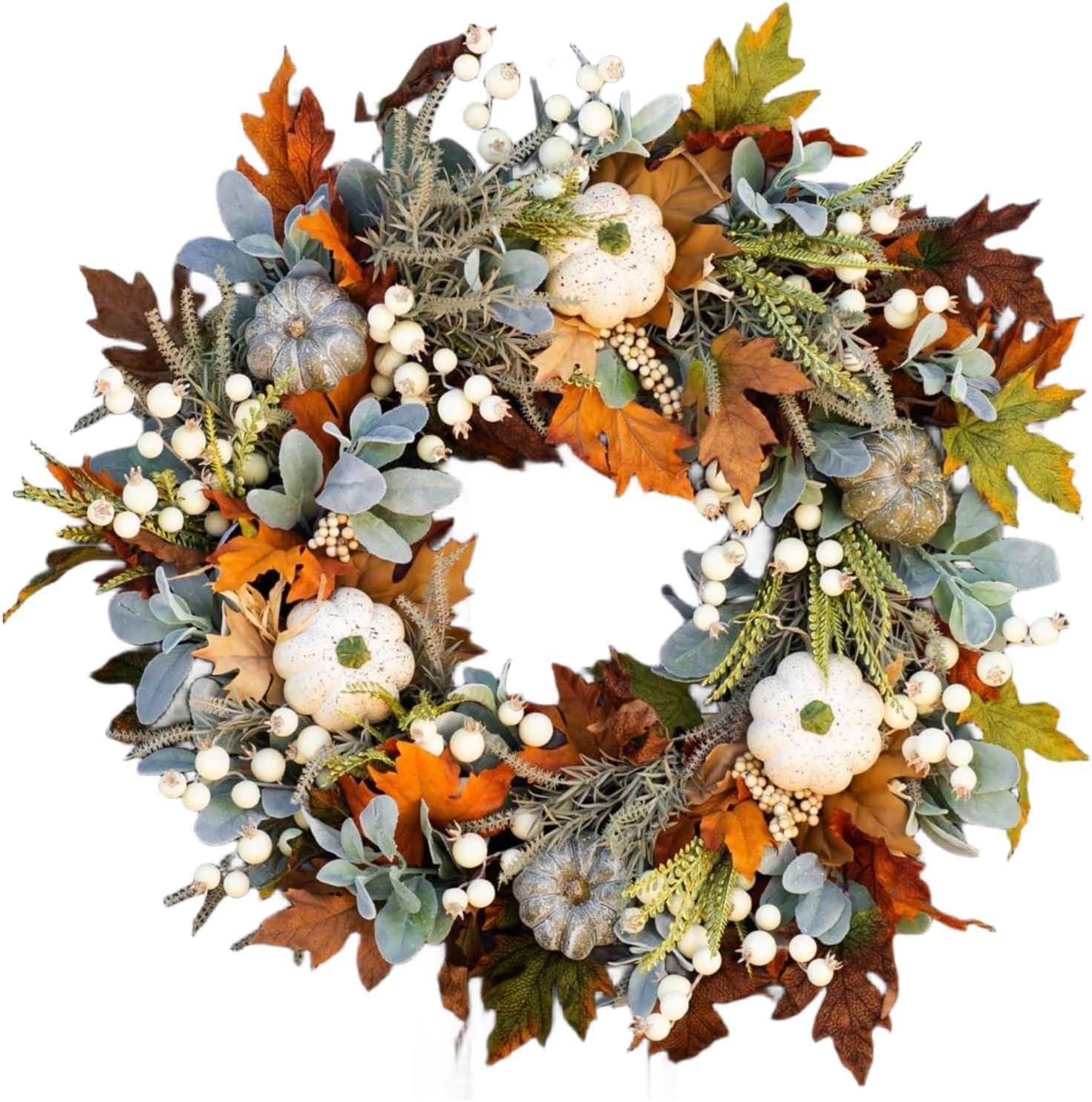 Artificial Fall Wreaths for Front Door Rustic Autumn Wreath with Pumpkin,Rose,Berry Branchesm,Mixed Leaves Thanksgiving Wreath Fall Door Wreath for Halloween Thanksgiving Indoor Outdoor Decor (A15.7)