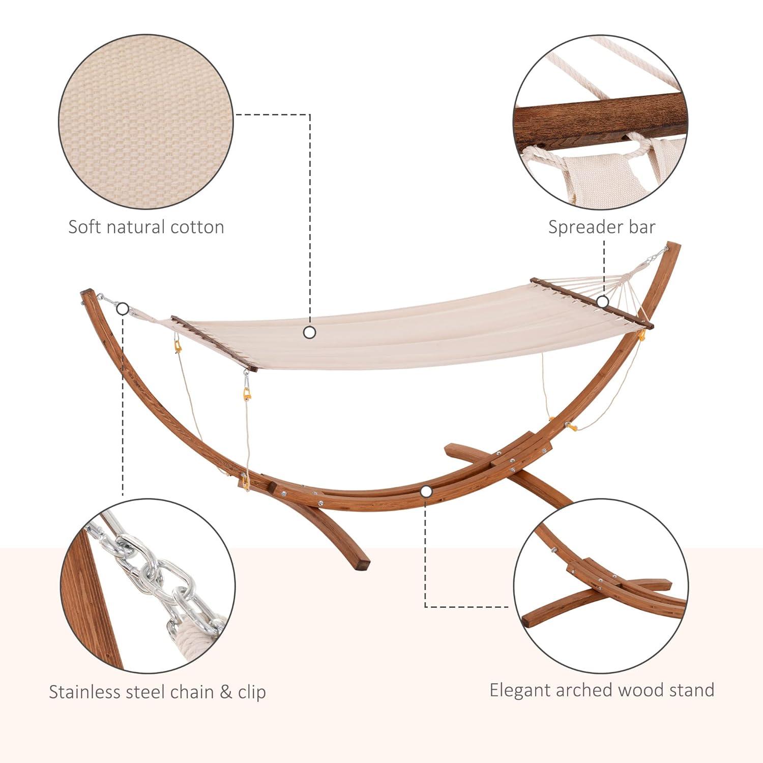 Outsunny Outdoor Hammock with Stand, Heavy Duty Wooden Frame, No Tree Needed, Indoor Outside Boho Style Nap Bed, Natural Cotton, White