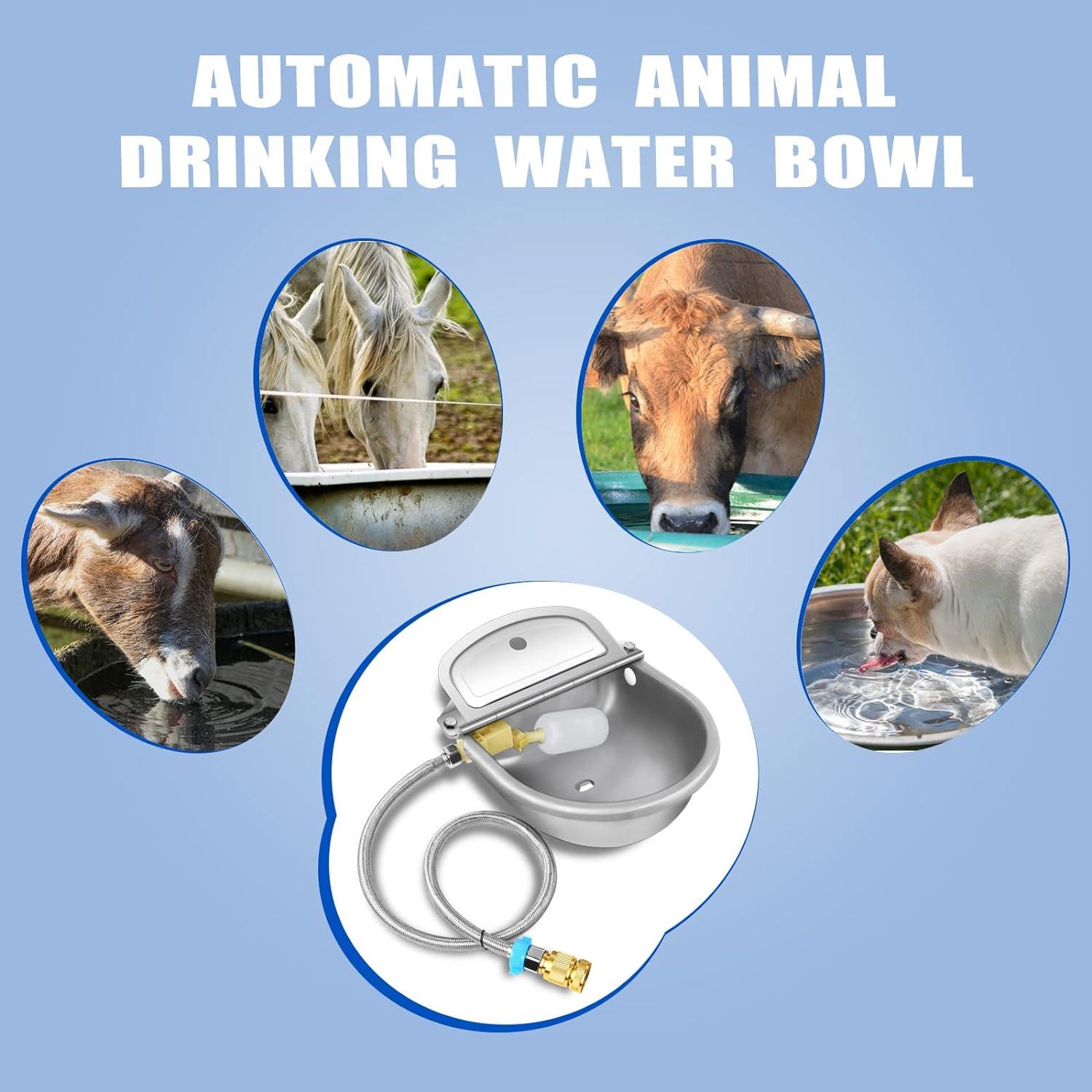 Automatic Dog Drinking Water Bowl, 304 Stainless Steel Outdoor Waterer for Dog Horse Pig Cow, Large Animal Dispenser with 2 Float Valves, Pipe Hose, Quick Connector and Expansion Bolt