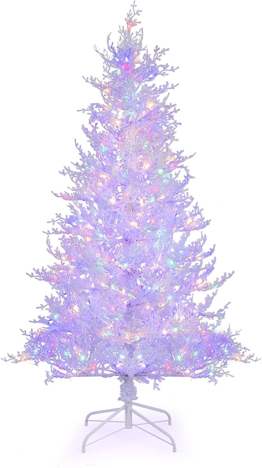 Tangkula 6FT Pre-lit Artificial Xmas Tree Hinged Christmas Tree with 383 Snow Flocked Branch Tips 300 Warm White & Multi-colored LED Lights