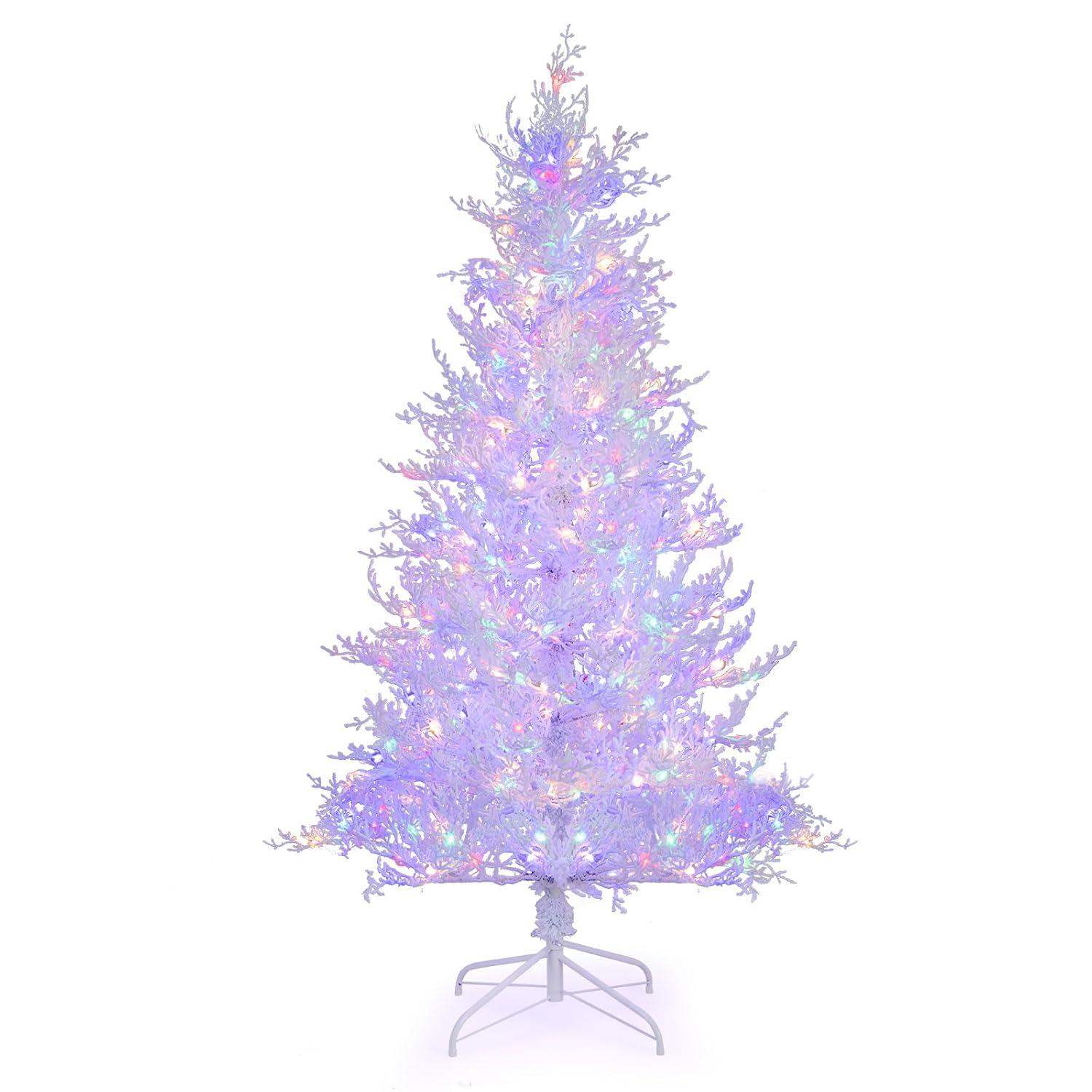 Tangkula 6FT Pre-lit Artificial Xmas Tree Hinged Christmas Tree with 383 Snow Flocked Branch Tips 300 Warm White & Multi-colored LED Lights