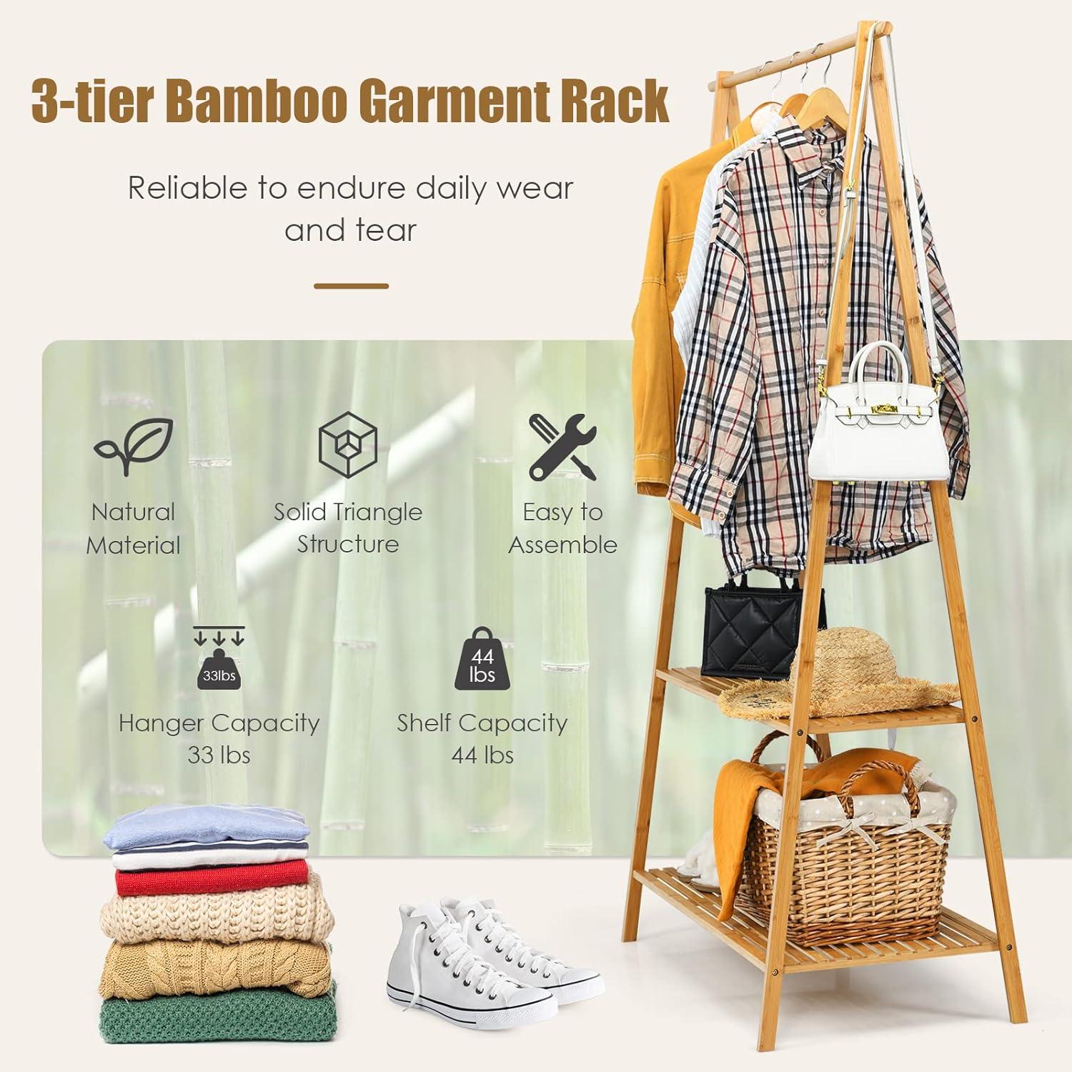 Natural Bamboo Freestanding Garment Rack with 2-Tier Shelves