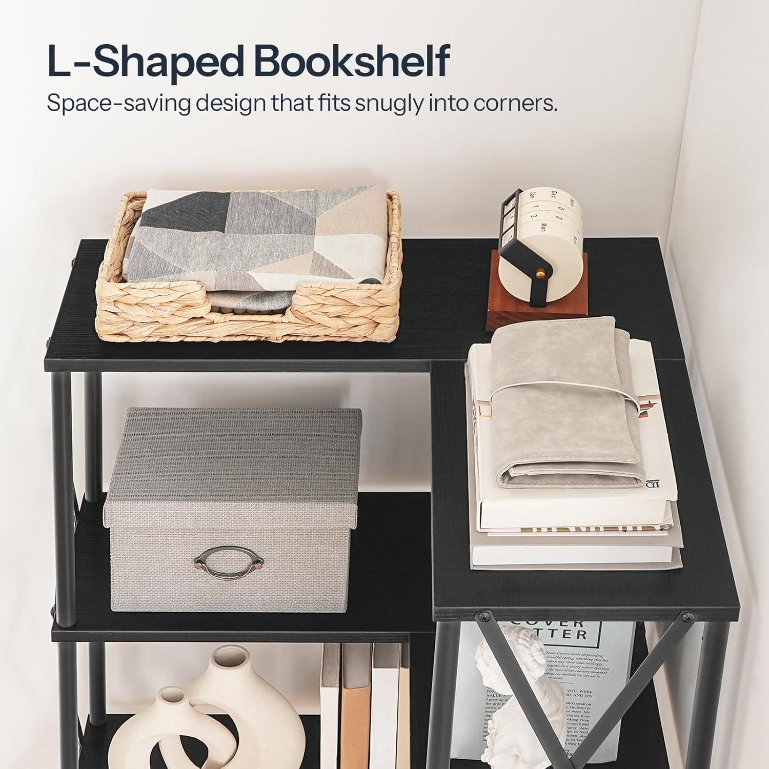 HOOBRO Corner Bookshelf, 5-Tier L-Shaped Bookcase, Industrial Open Display Shelf Tall Storage Organizer, Vertical Storage Rack, for Living Room, Home Office, Black BB60SJ01