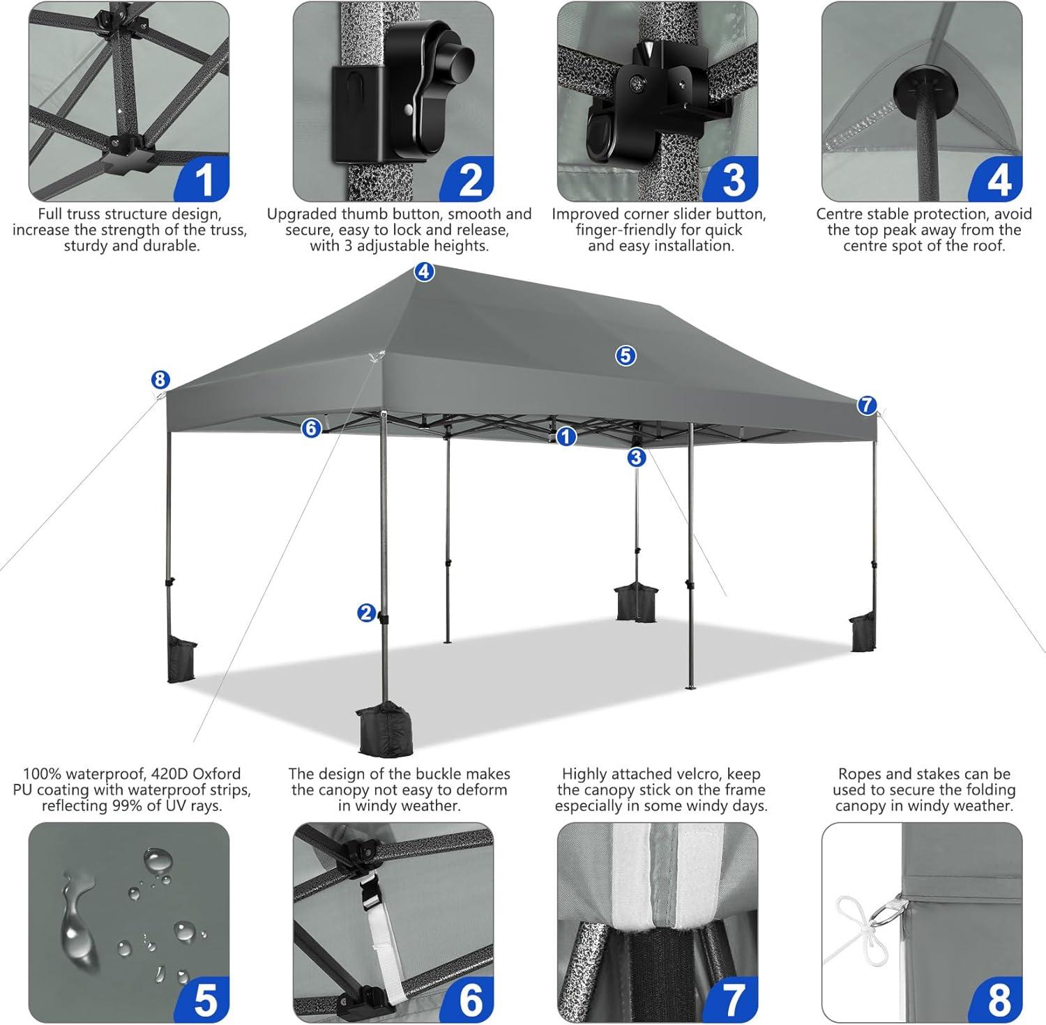 COBIZI 10x20 Heavy Duty Pop up Canopy Tent with 6 sidewalls Easy Up Commercial Outdoor Wedding Party Tents for Parties All Season Wind & Waterproof Gazebo Roller Bag,White(Frame Thickened)