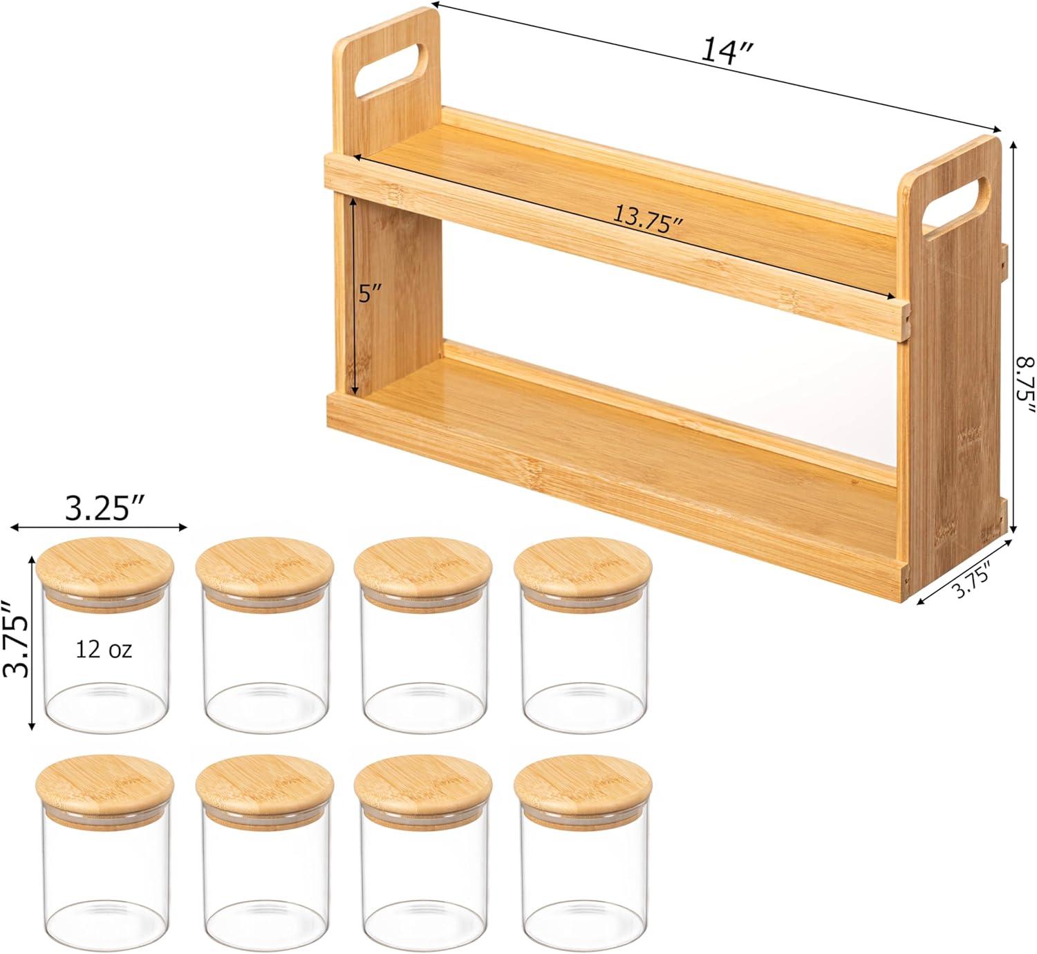 Basicwise 2-Tier Bamboo Spice Rack & Pantry Organizer with 8 Glass Jars.Perfect for Storage in Kitchens to Keep Seasoning Containers Neatly Displayed