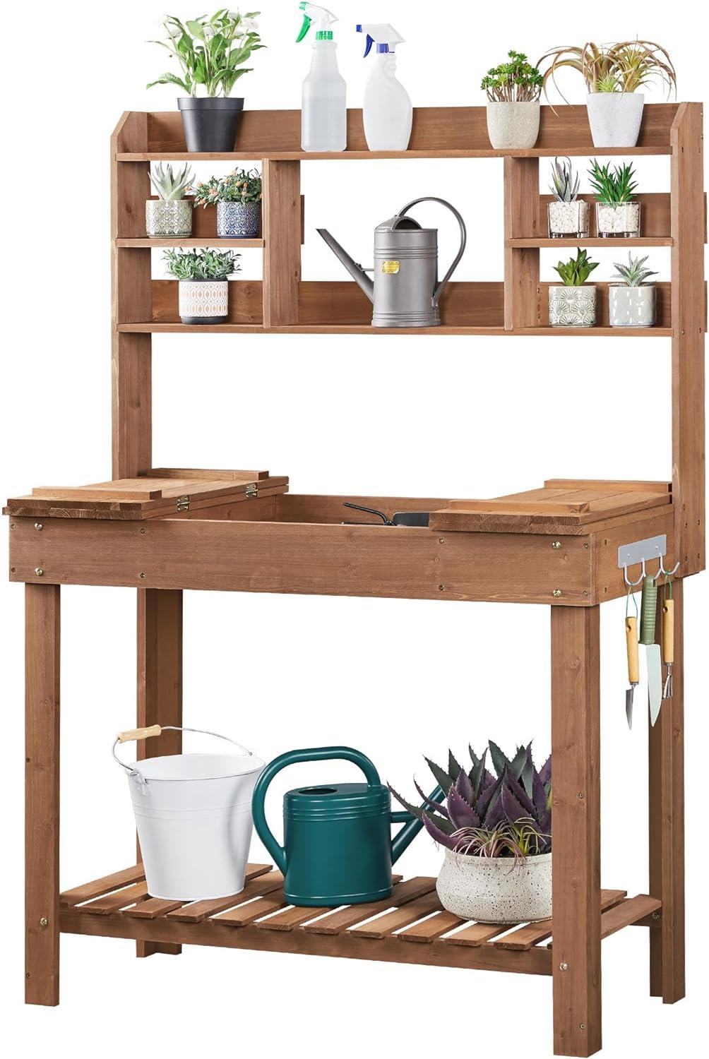 Yaheetech Potting Bench Table with Display Rack/ Storage Shelf/ Hanger, Brown