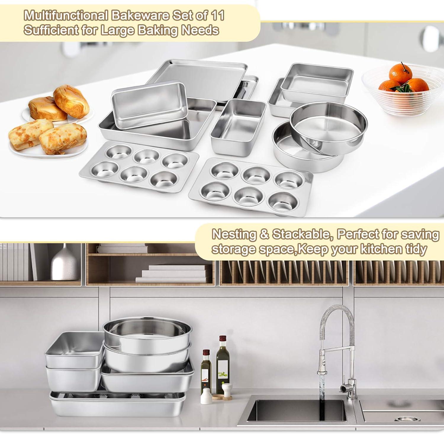 Sets of 11, Stainless Steel Baking Pans Set, Includes Baking Sheets and Rack, Lasagna Pan with Lid, Round/Square Cake Pan, Muffin Pans, Loaf Pan, Reusable & Durable