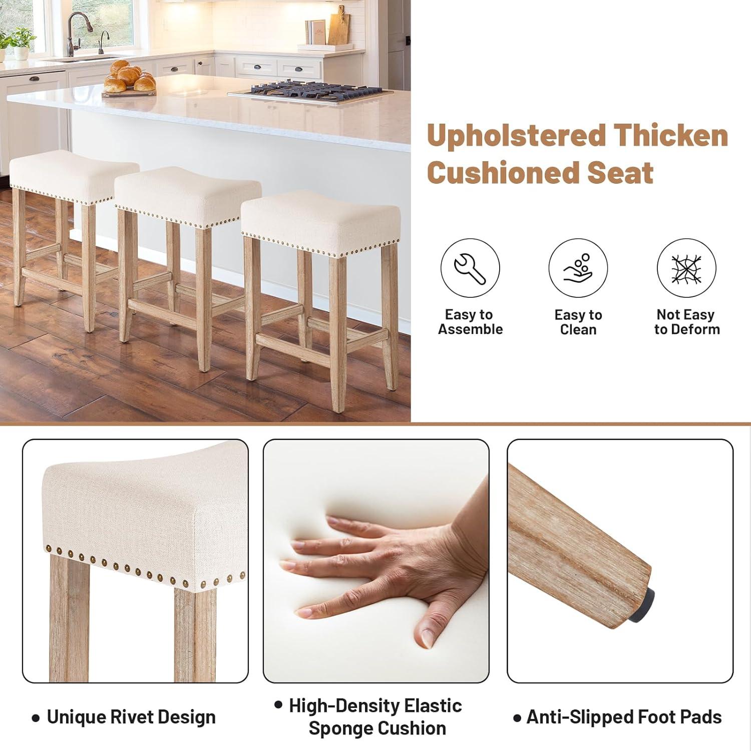 Furniliving 26" Counter Height Bar Stools, Linen Backless Saddle Seat Barstools, Set of 4,Beige