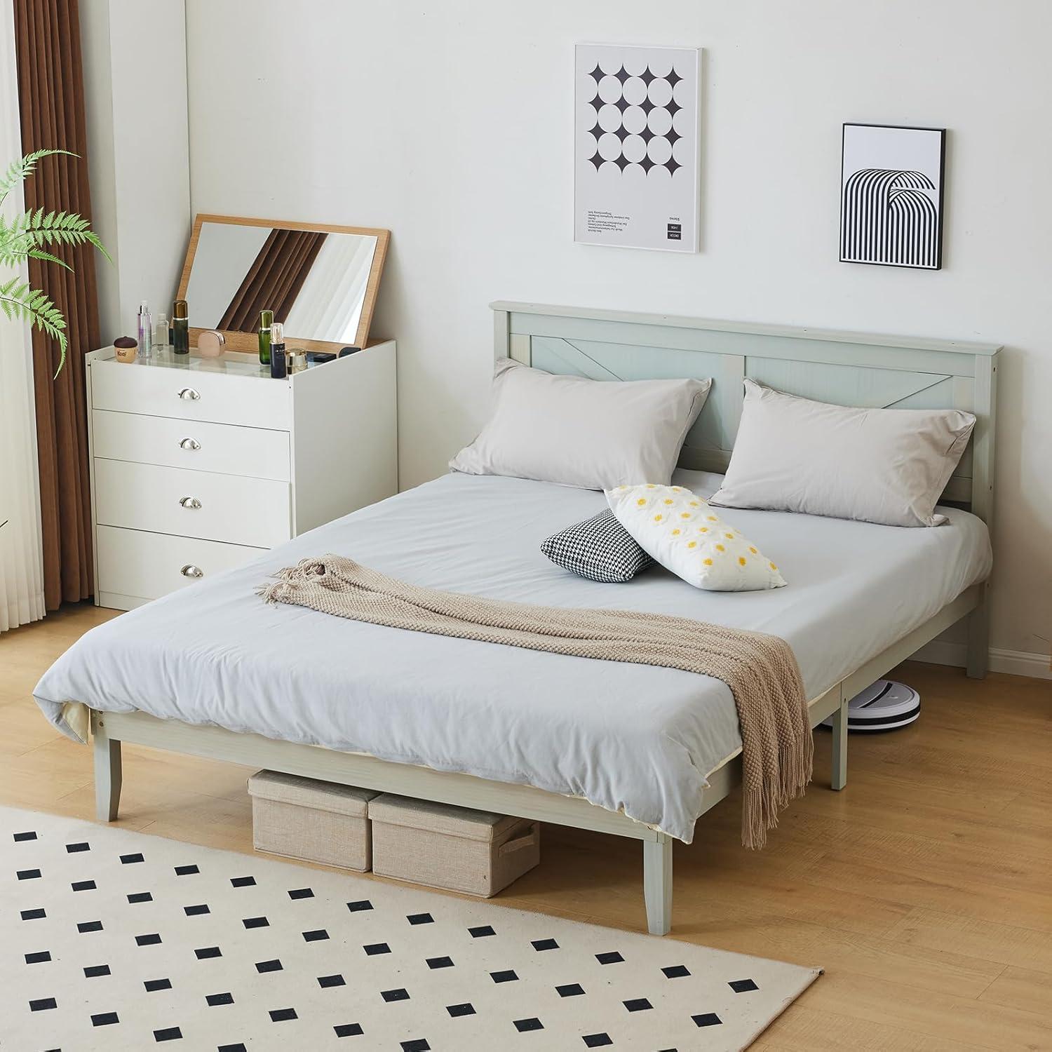 Gray Wood Bed Frame Queen Size Platform Bed with Headboard