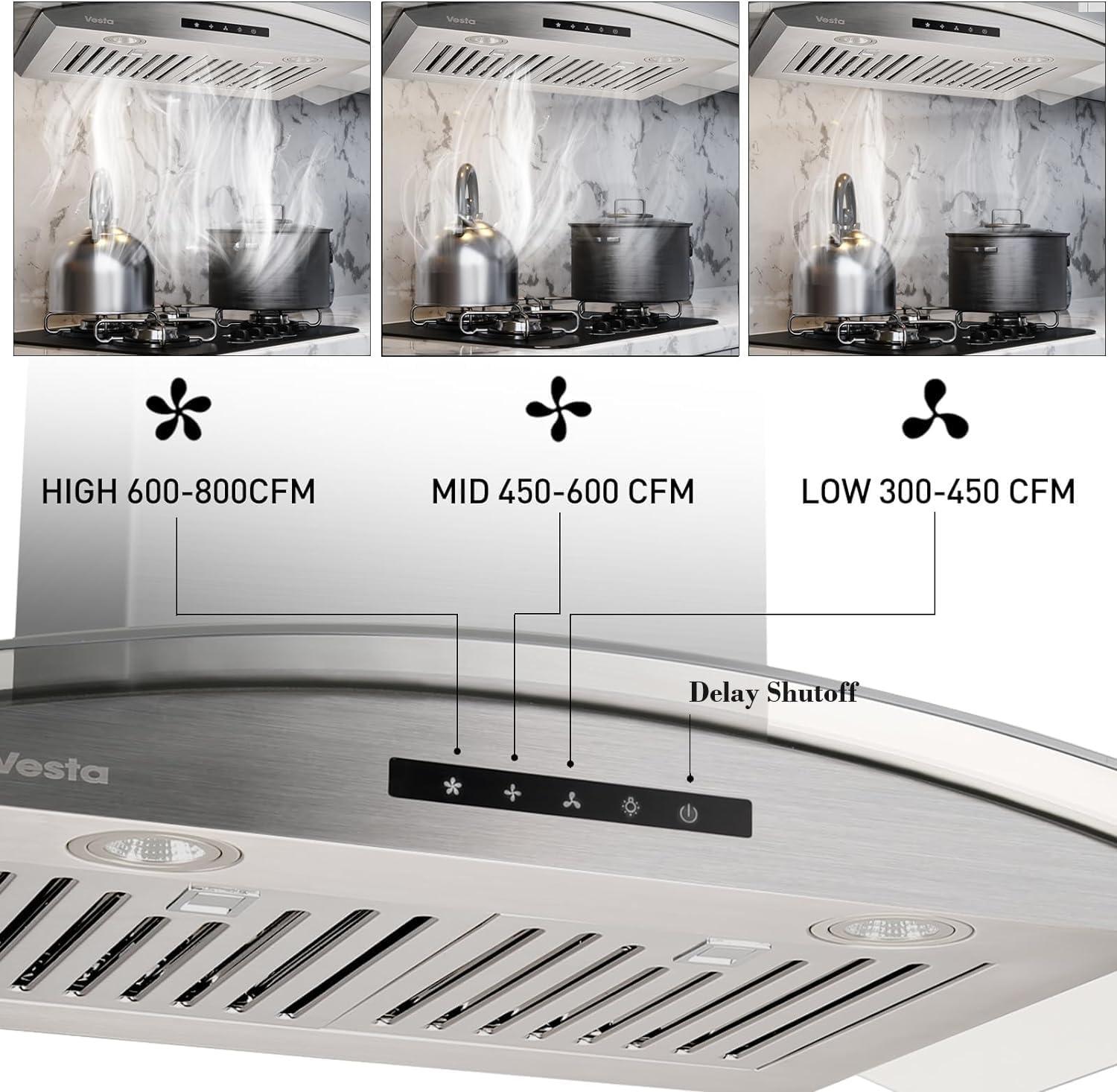 Vesta 30'' Stainless Steel Wall Mount Range Hood with Glass Canopy