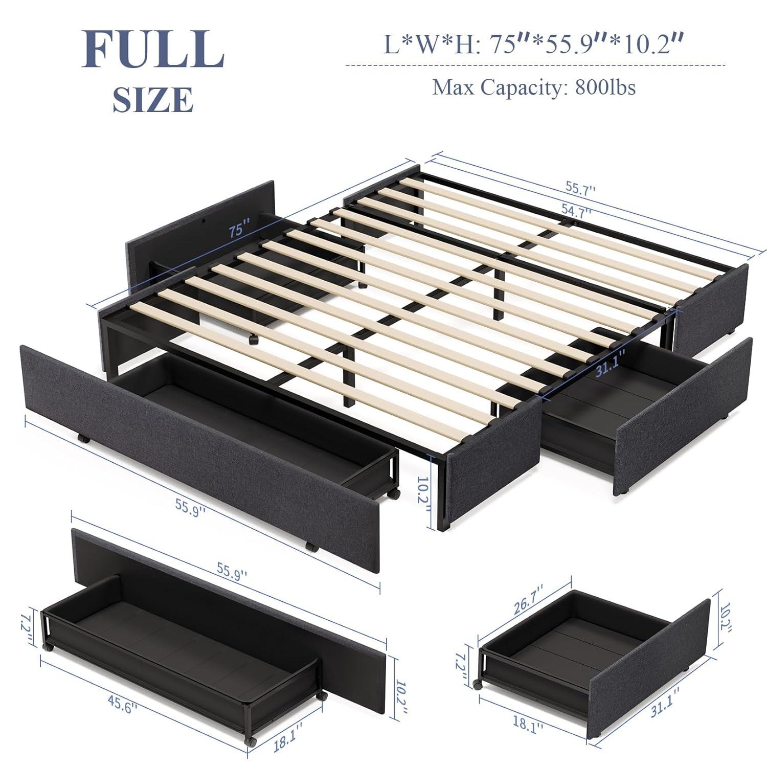 Amolife Base de Cama con Plataforma Tapizada Tamaño Queen con 3 Cajones de Almacenamiento, Gris Oscuro