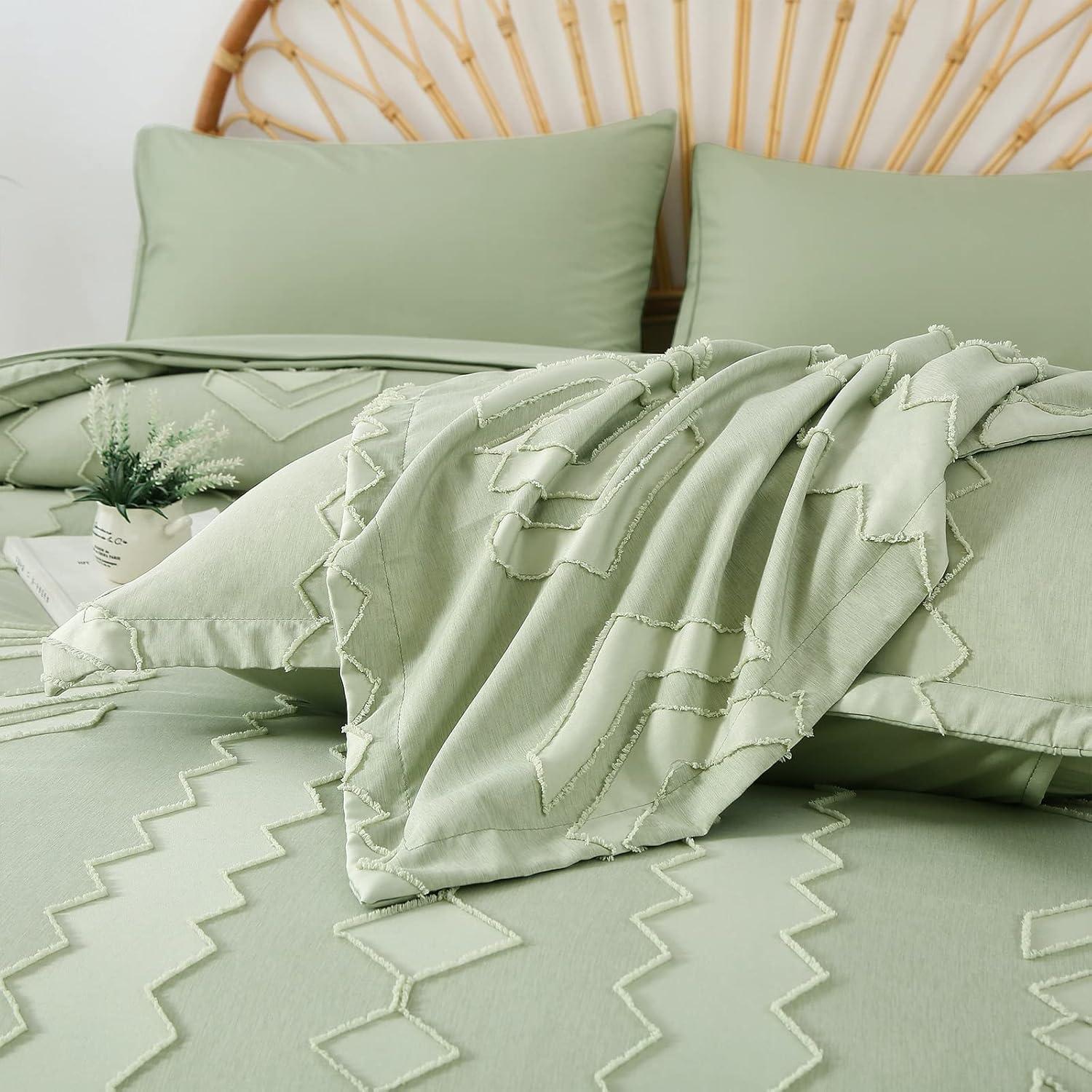 Sage Green Microfiber King Boho Comforter Set with Pom-Pom Accents