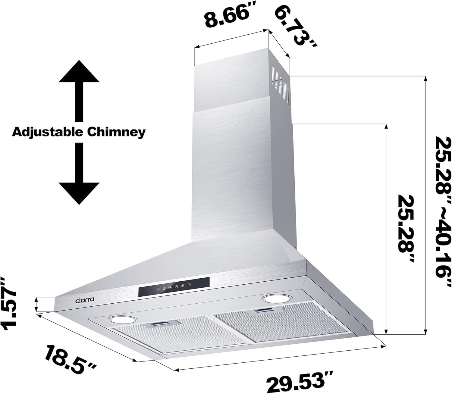 30-Inch Stainless Steel Wall Mount Range Hood with Charcoal Filter