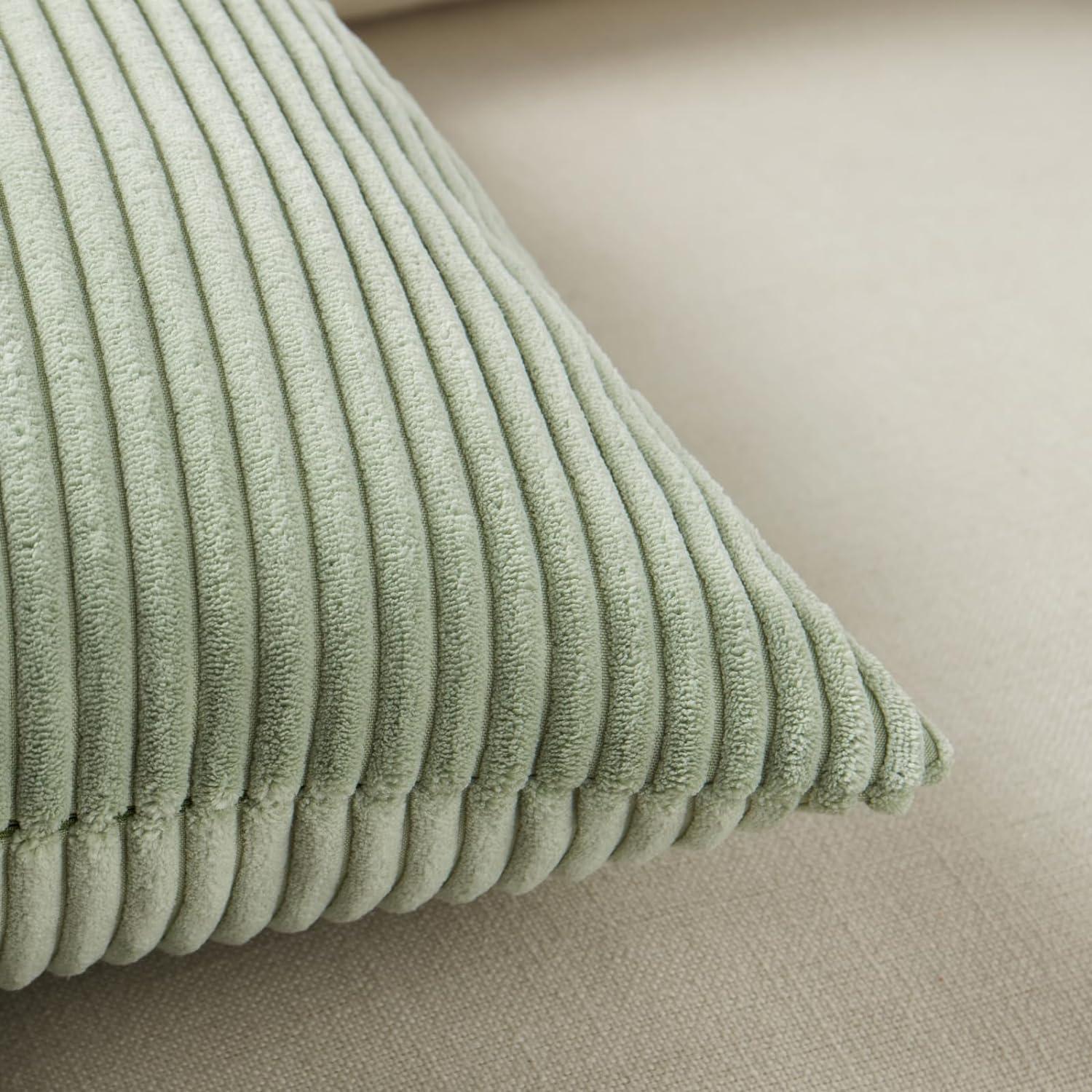 Boho Sage Green Striped Corduroy Pillow Covers - Set of 2 | Farmhouse Rectangle Cushion Cases for Sofa Couch Bed | Soft Decorative Throw Pillowcases - 12x20 Inch Home Decor