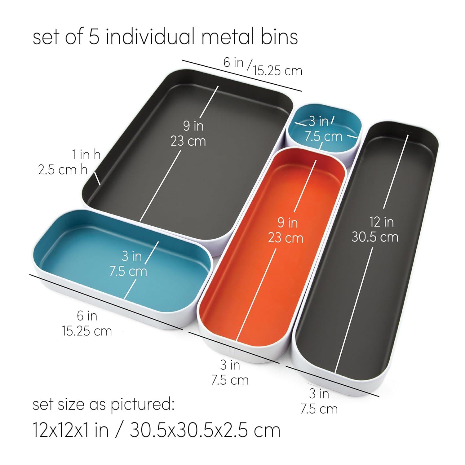 Three by Three Seattle 5 Piece Metal Organizer Tray Set for Storing Makeup, Stationary, Utensils, and More in Office Desk, Kitchen and Bathroom Drawers (1 Inch, Gray, Sky Blue, Orange)