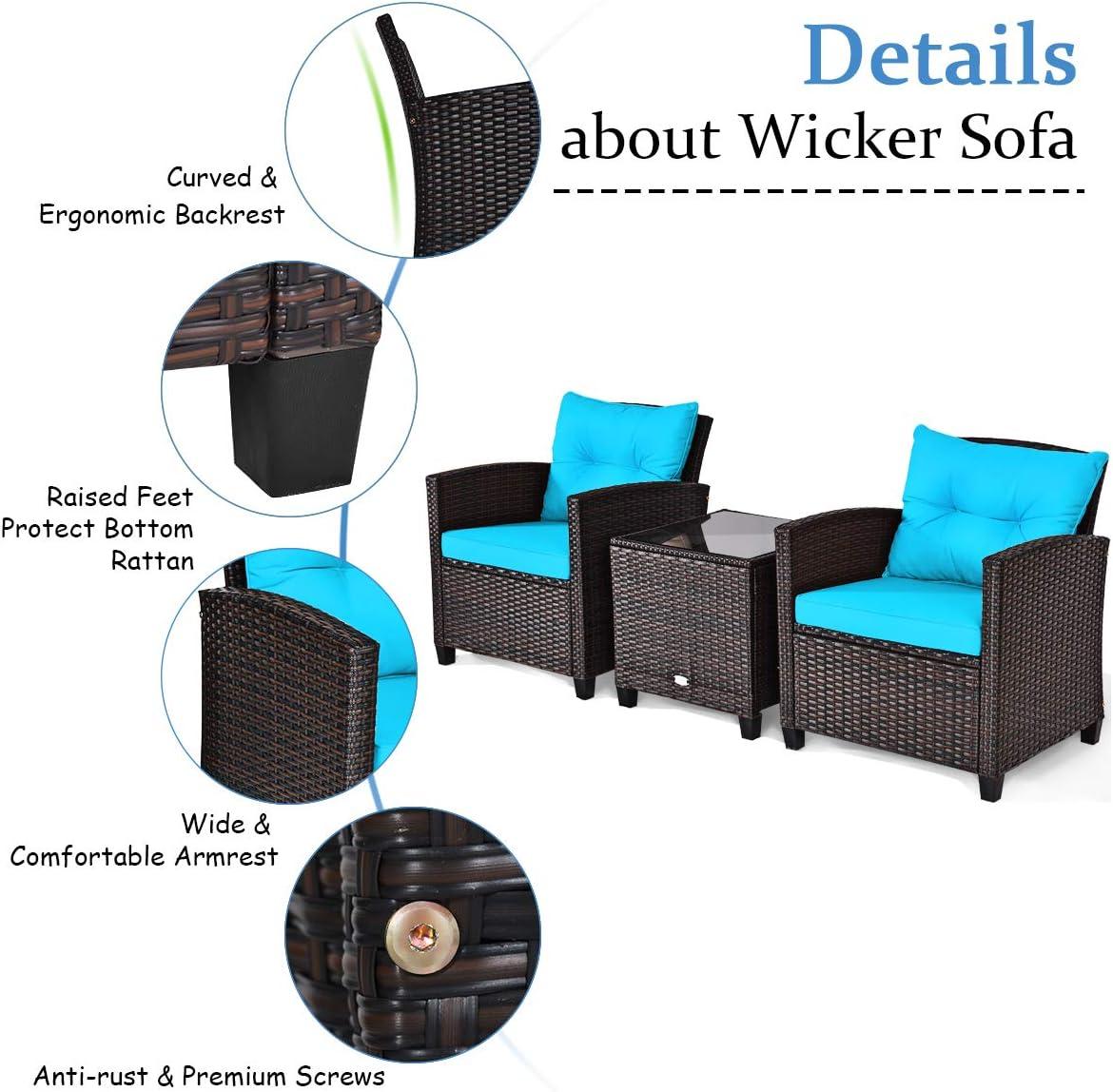 Giantex 3 Pieces Patio Furniture Set, PE Rattan Wicker 3 Pcs Outdoor Sofa Set w/Washable Cushion and Tempered Glass Tabletop, Conversation Furniture for Garden Poolside Balcony (Turquosize)