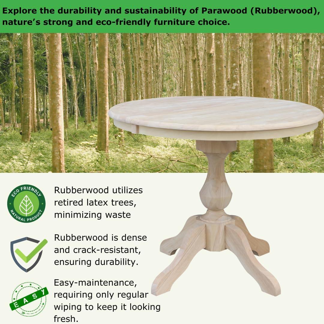 36" Kent Round Top Pedestal Dining Table with 12" Leaf Unfinished - International Concepts: Solid Wood, Expandable