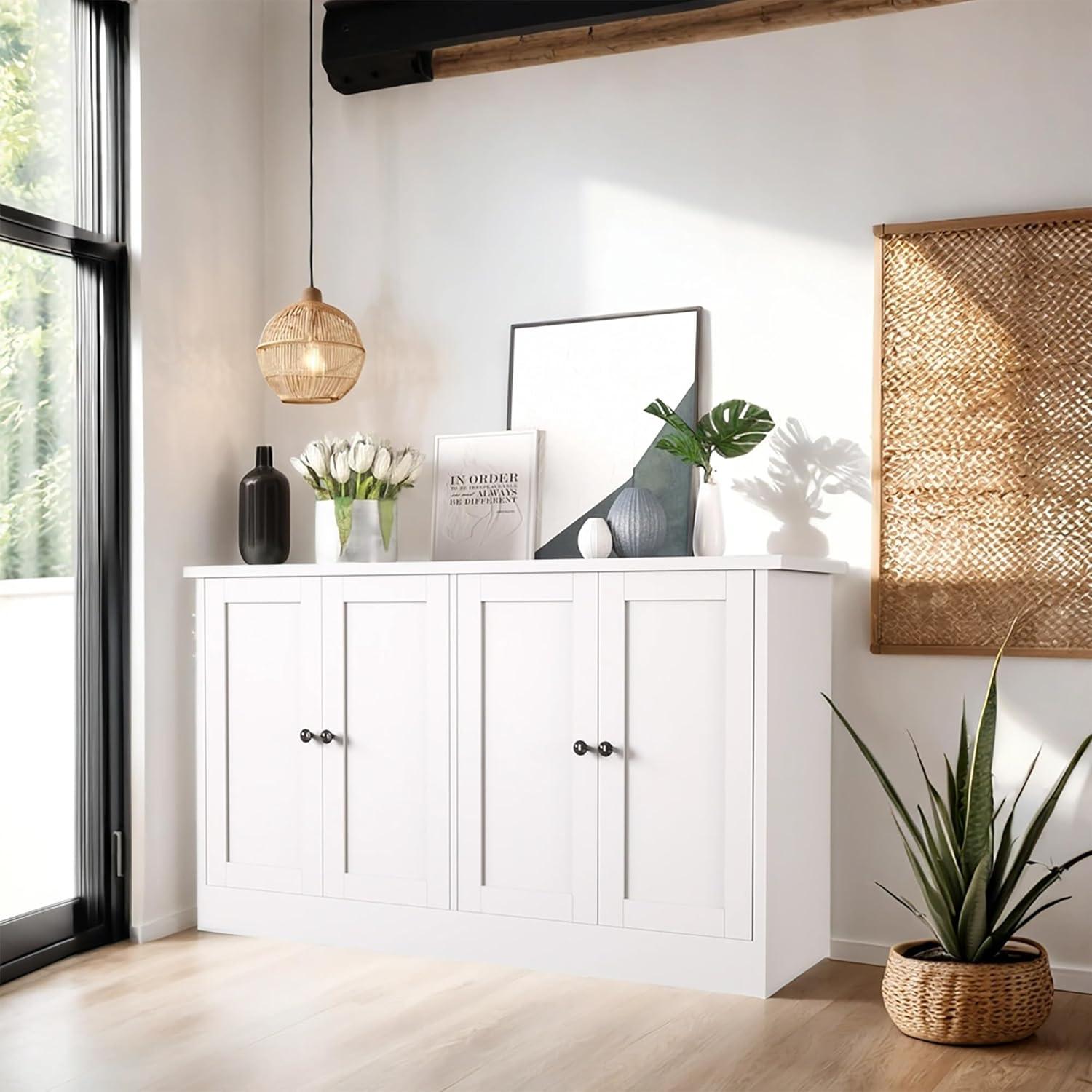 White Modern Buffet Storage Cabinet with 4 Doors and Drawers