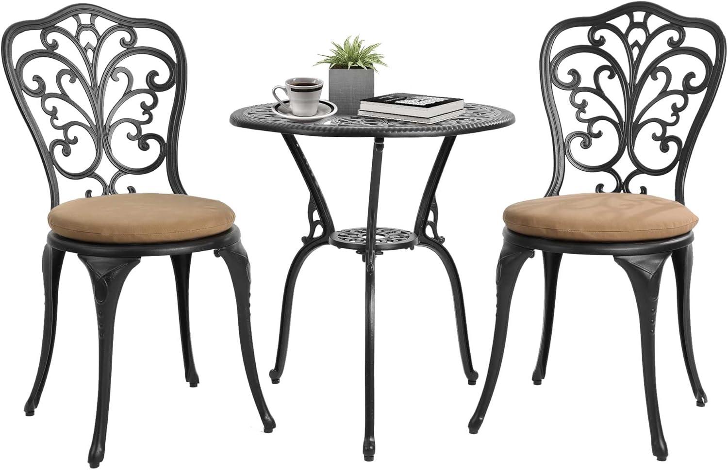 Astoria Grand 3 Piece Outdoor Patio Set Butterfly Pattern Cast Aluminum Bistro Table and Chairs Set of 2 with Cushion Black