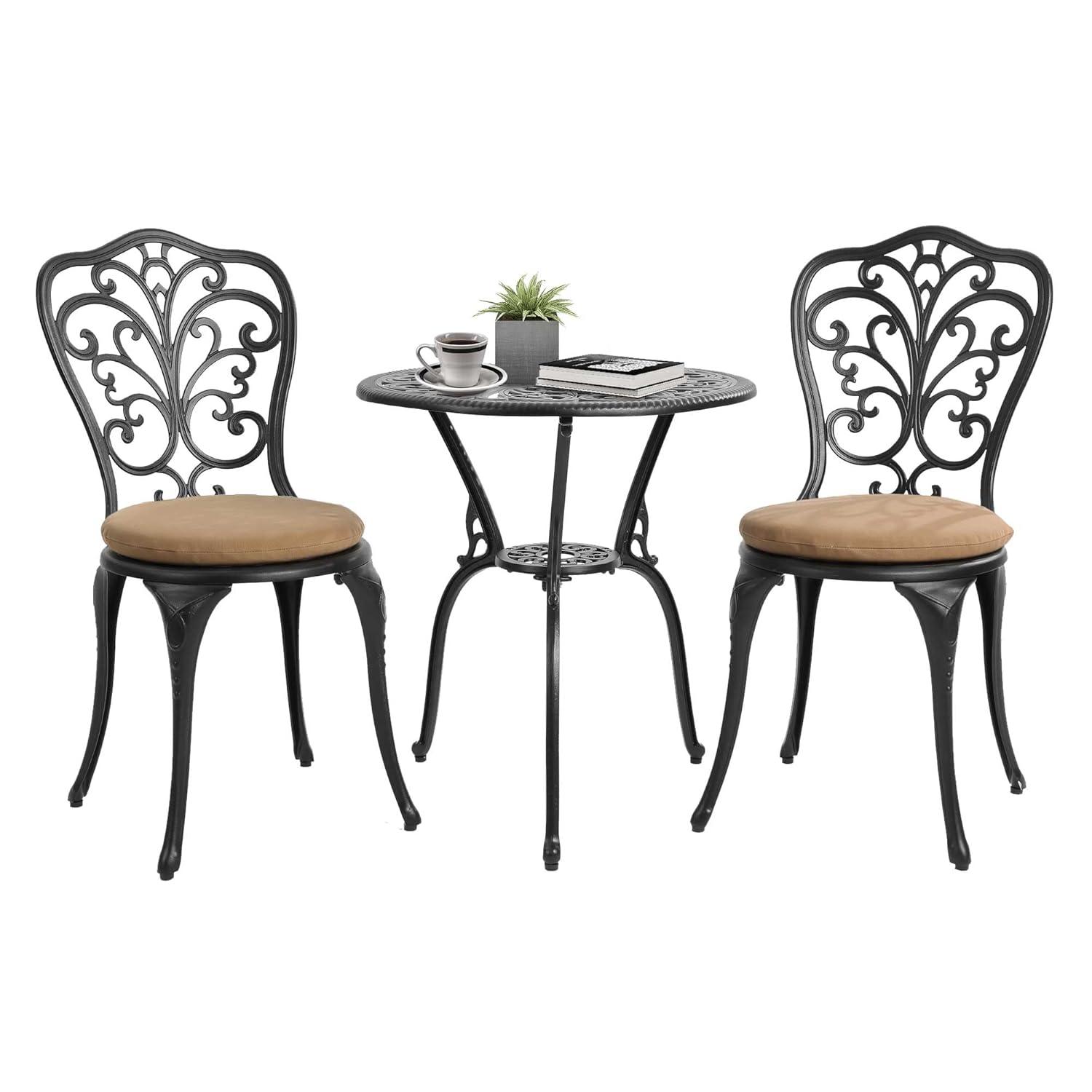 Astoria Grand 3 Piece Outdoor Patio Set Butterfly Pattern Cast Aluminum Bistro Table and Chairs Set of 2 with Cushion Black