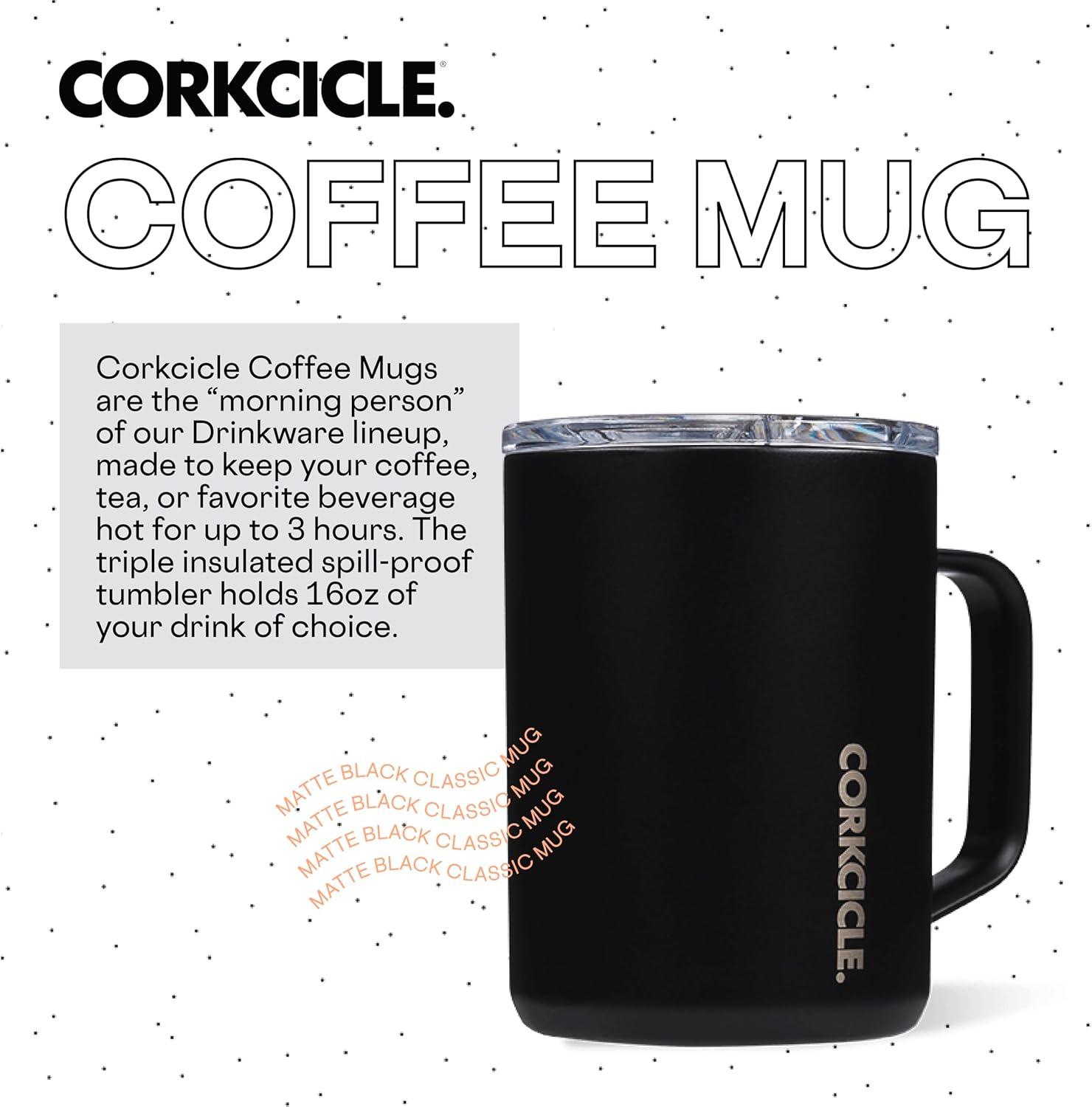 Corkcicle Triple Insulated Coffee Mug with Lid and Handle, Matte Black, 16 oz – Stainless Steel Travel Mug Keeps Beverages Hot for 3+ Hours – Non-Slip, Easy-Grip, Spill-Resistant Tumbler