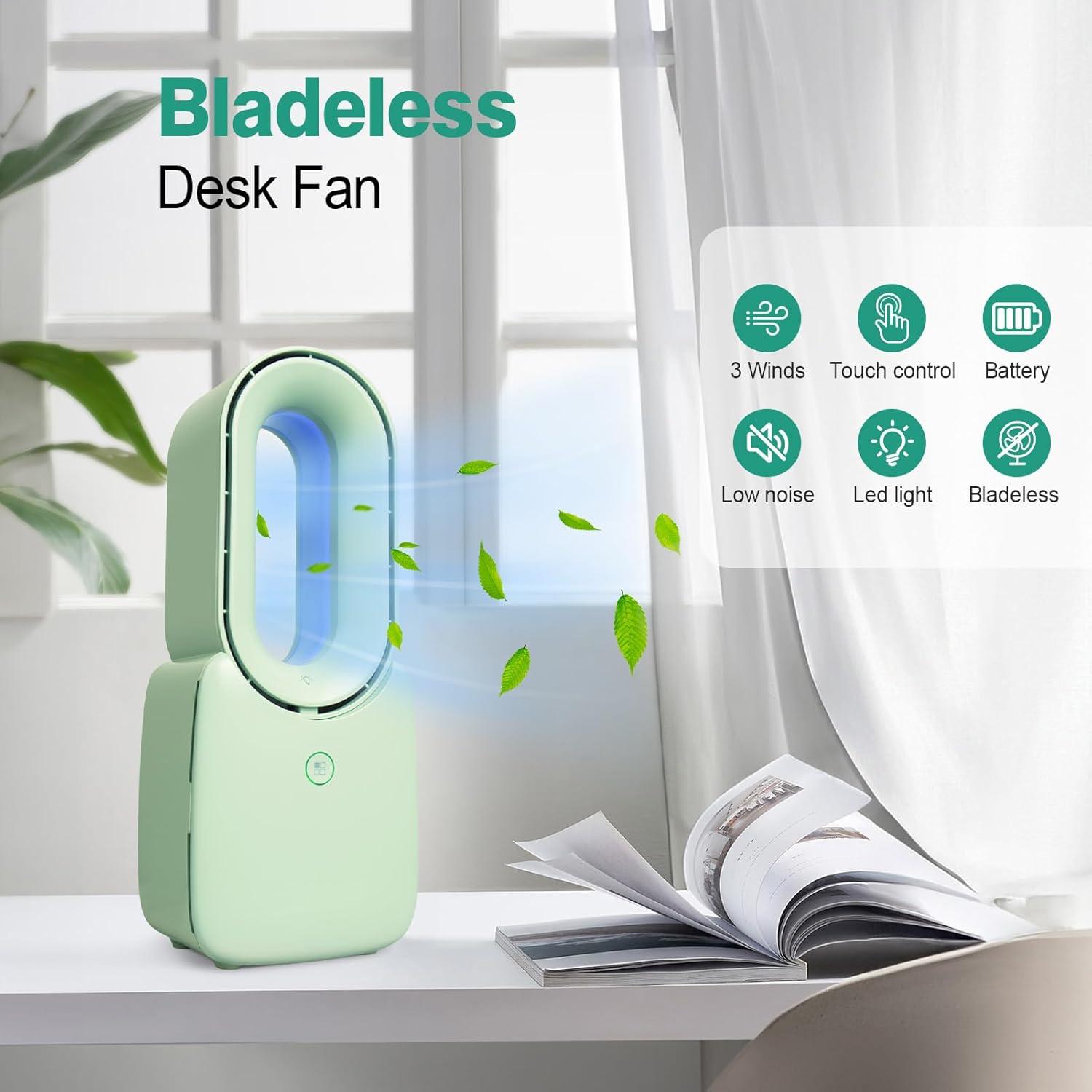 CONBOLA Desk Fan, 11.8 Inch Bladeless Fan Small Table Fan Air Cooler, Portable Rechargeable Breeze Quiet Fan with Touch Control 5-Colors Decorative LED Light for Office Bedroom（Green）