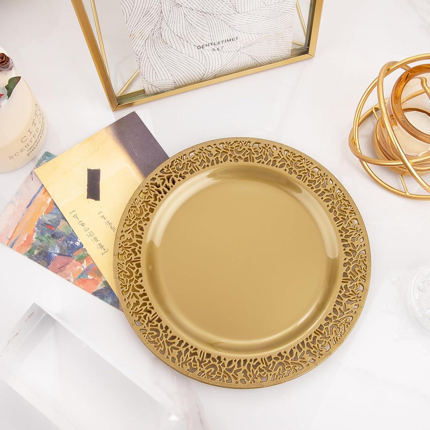 I00000 60pcs Plastic Gold Plates,10.25 inch Gold Rimmed Dinner Plates, White Disposable Plates, Parties or Wedding