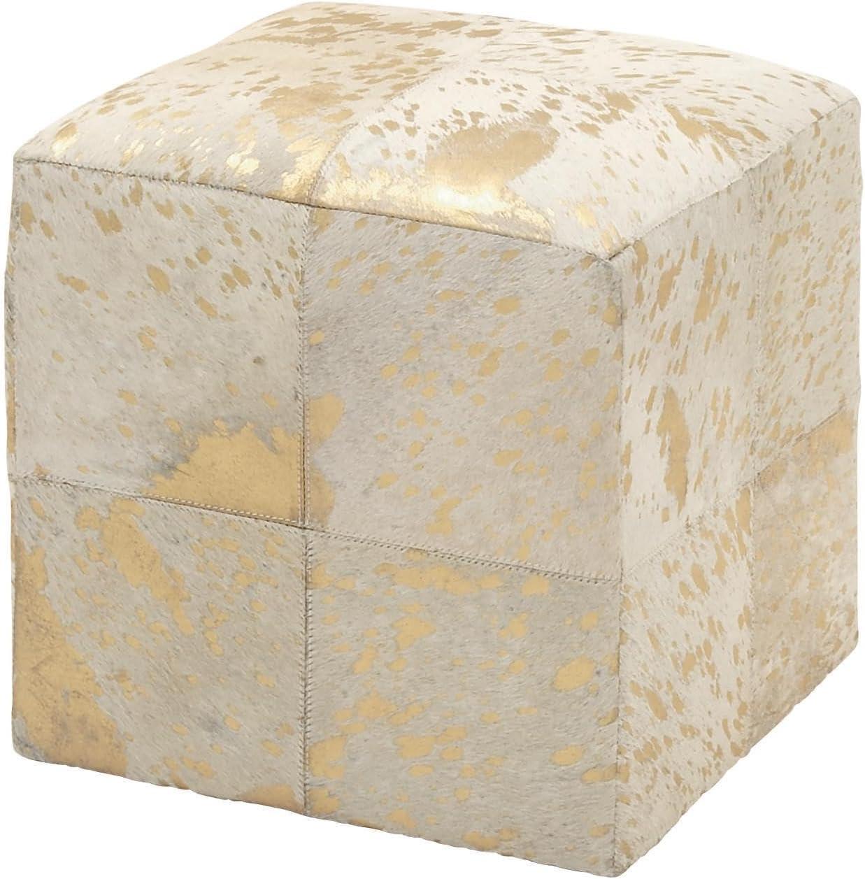 DecMode 16" x 17" Gold Leather Handmade Stool with Gold Foil Paint, 1-Piece