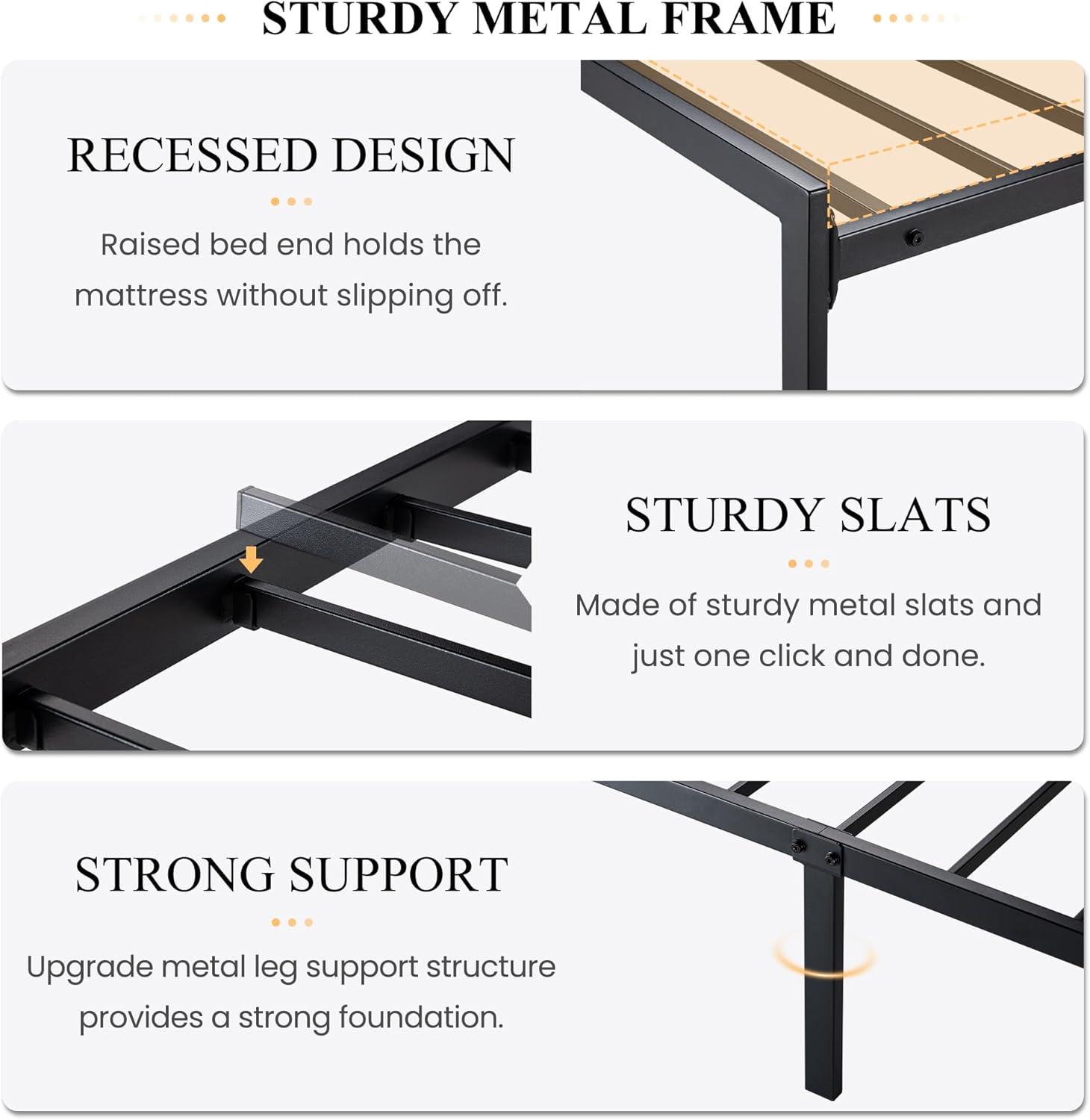 Black Metal Twin Bed Frame with Headboard Shelf and Slats