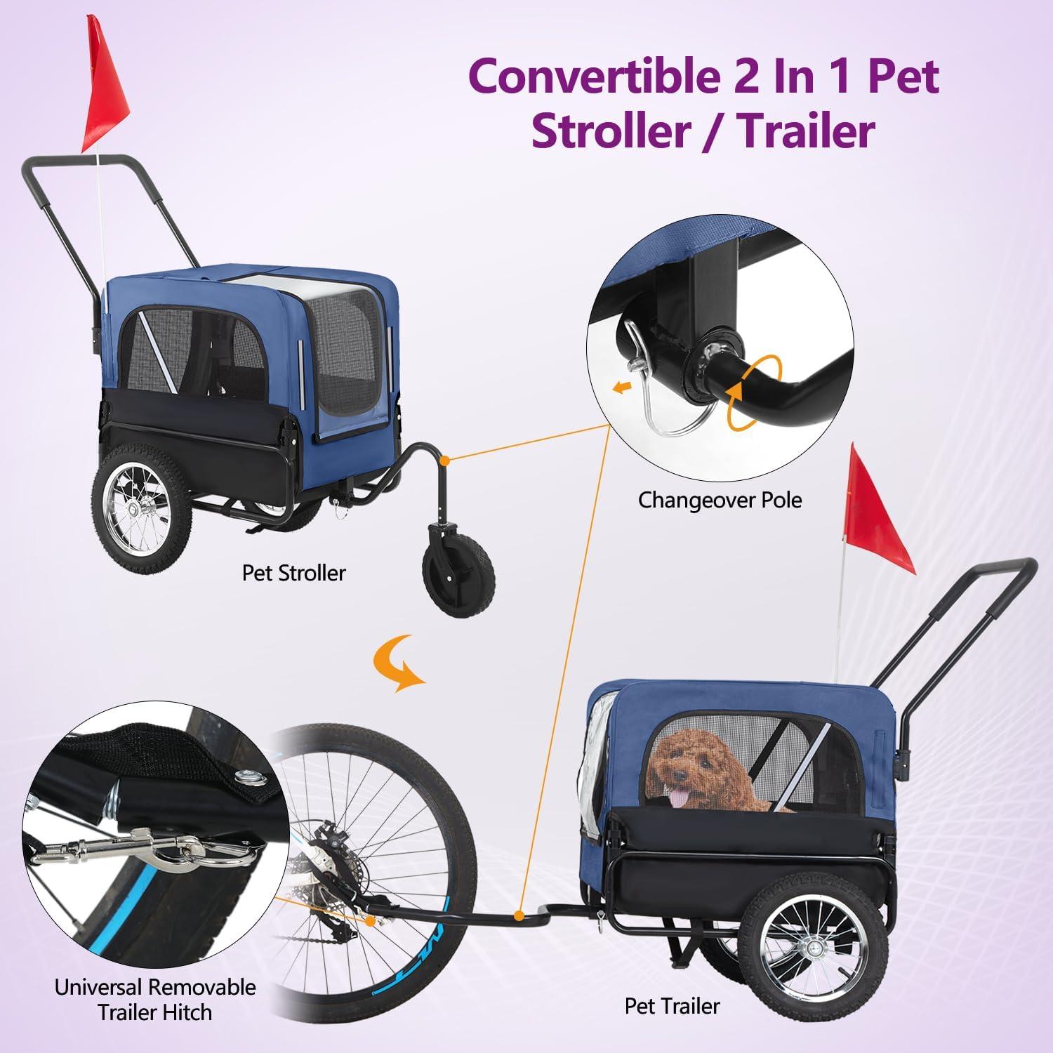 Blue 2-in-1 Dog Stroller and Bike Trailer with Mesh Windows