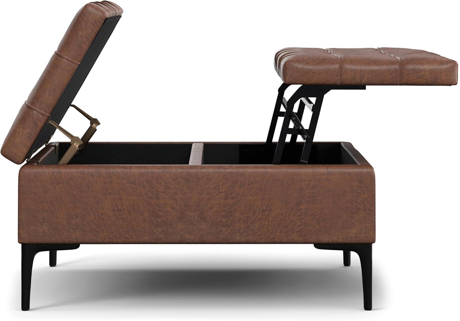 Simpli Home Laura 36 inch Wide Mid Century Square MidÂ CenturyÂ Lift TopÂ Storage Ottoman in Distressed Saddle Brown Vegan Faux Leather