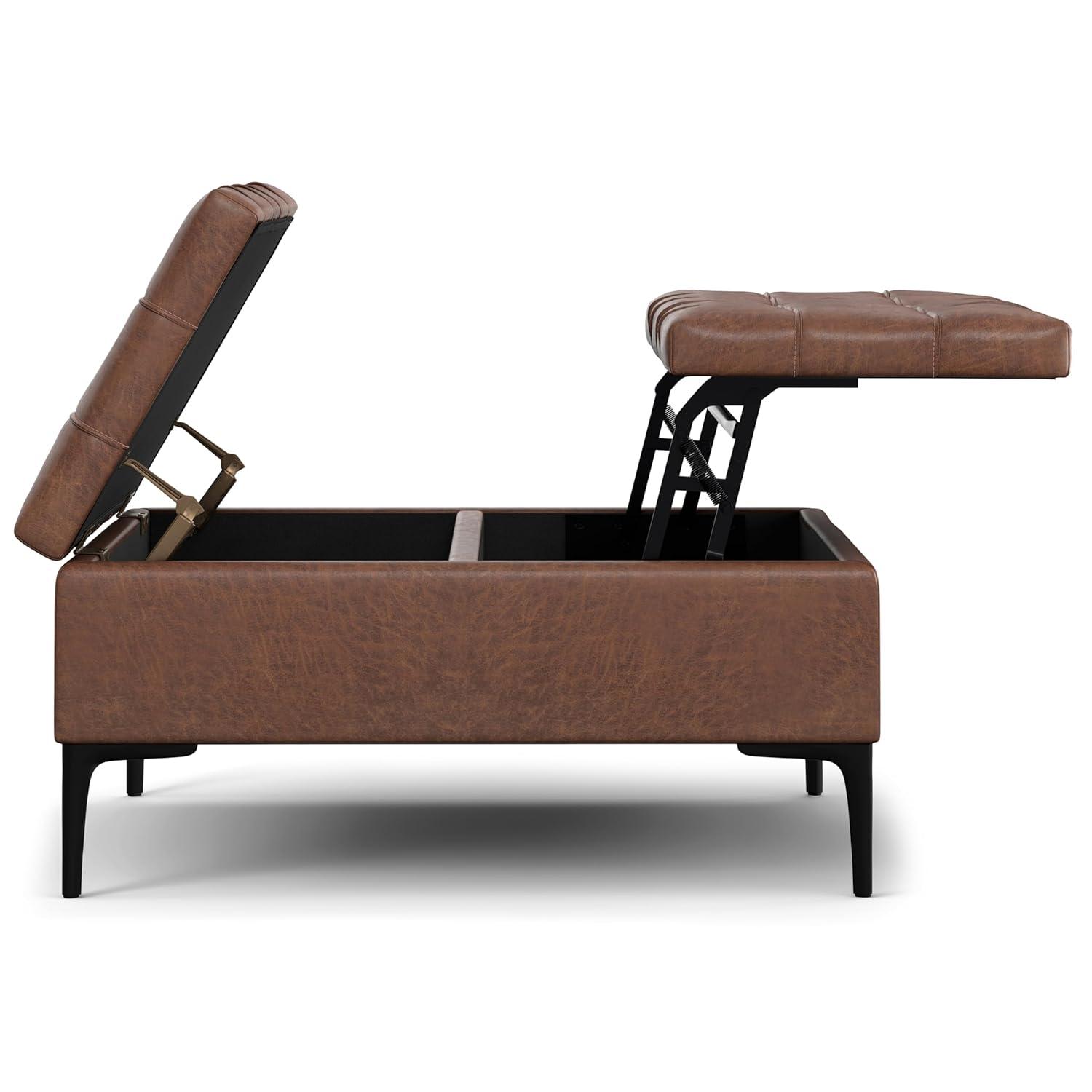 Simpli Home Laura 36 inch Wide Mid Century Square MidÂ CenturyÂ Lift TopÂ Storage Ottoman in Distressed Saddle Brown Vegan Faux Leather