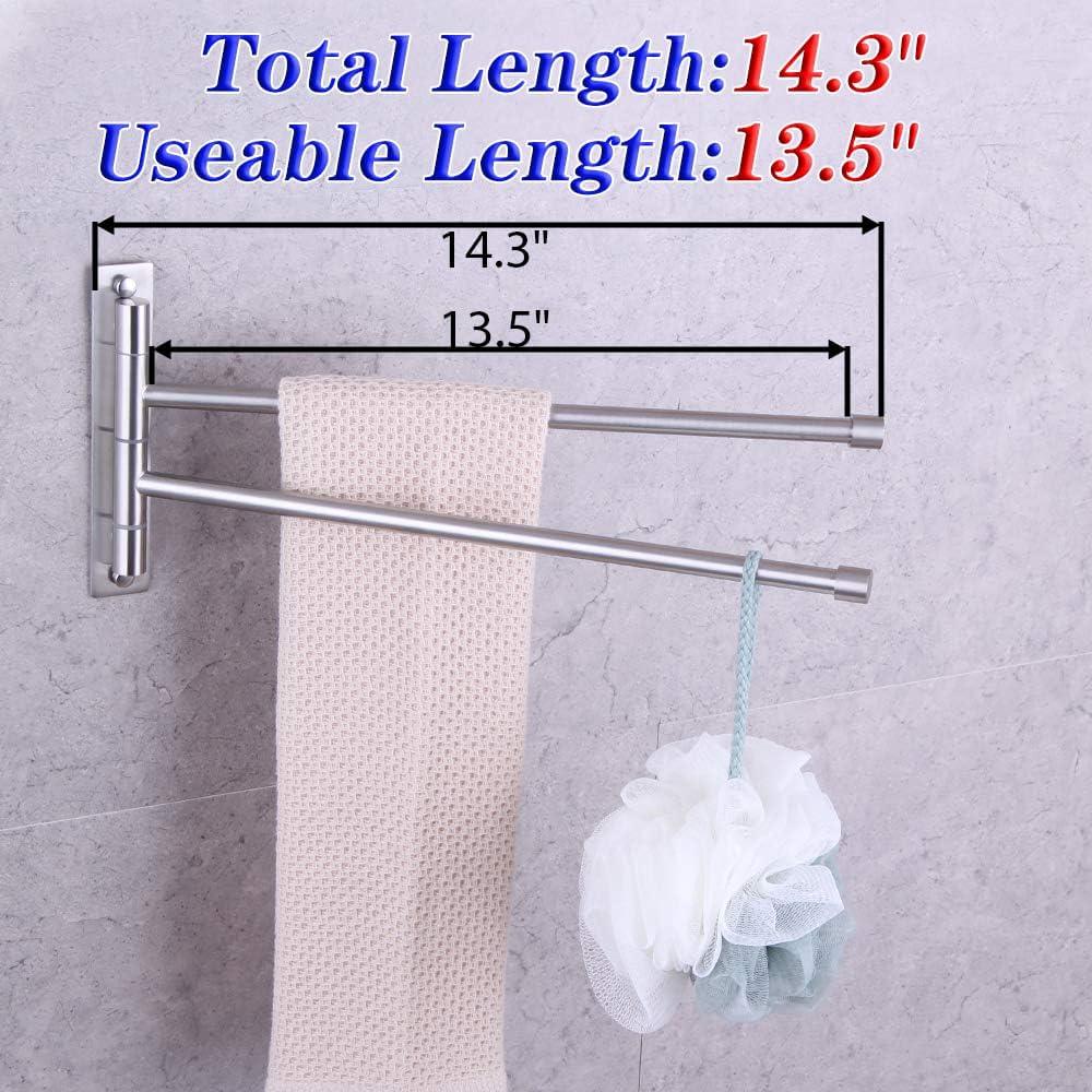 Stainless Steel Swing Out Towel Bar 2-Bar Folding Arm Swivel Hanger Bathroom Storage Organizer Rustproof Wall Mount Brushed Finish