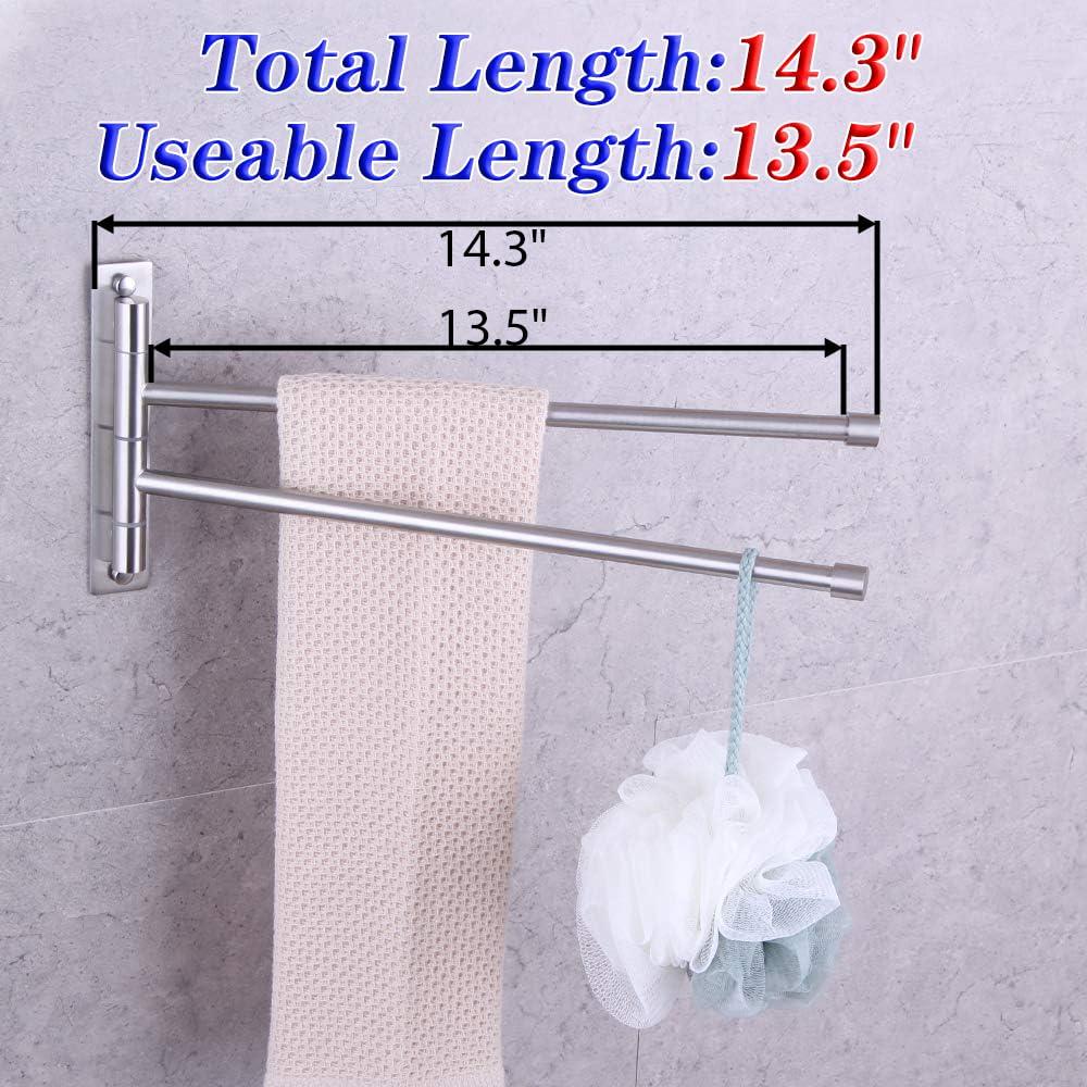 Stainless Steel Swing Out Towel Bar 2-Bar Folding Arm Swivel Hanger Bathroom Storage Organizer Rustproof Wall Mount Brushed Finish
